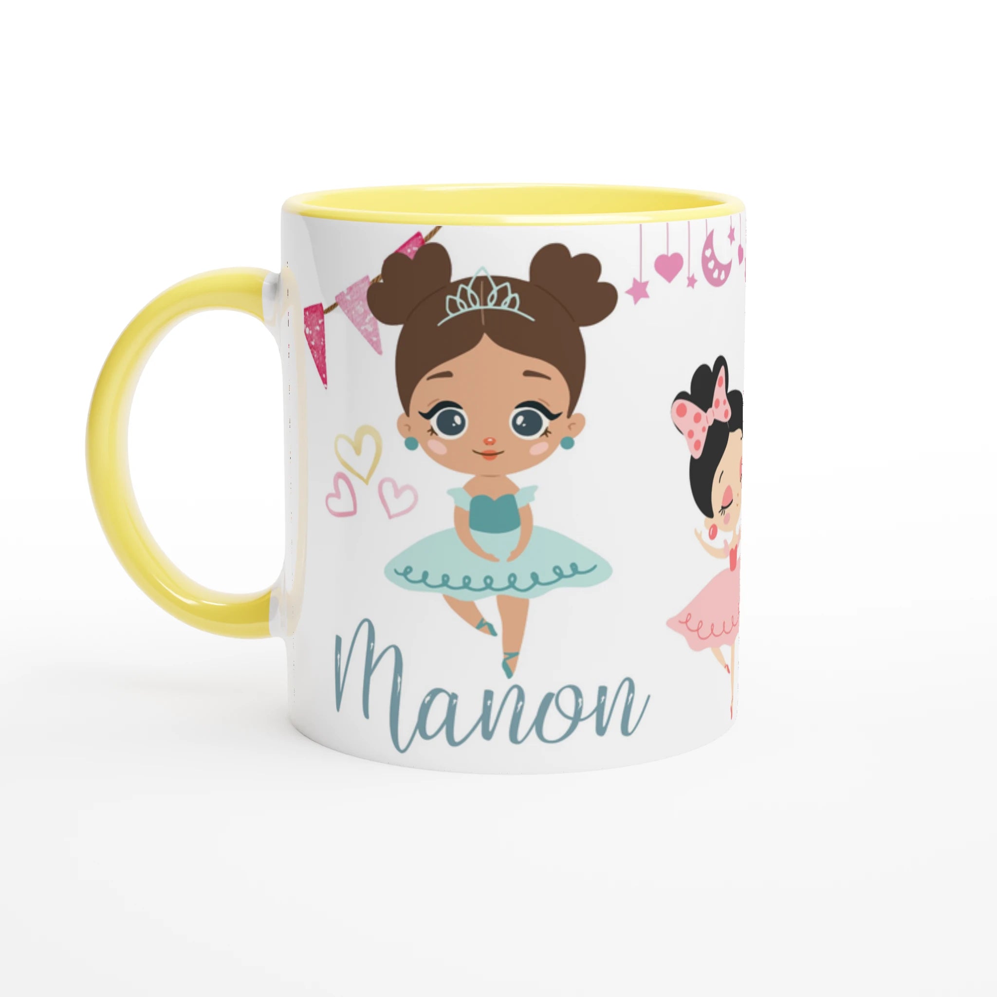 Mug prénom personnalisable avec danseuse en robe bleue et éléments décoratifs, intérieur jaune, cadeau joyeux pour une petite danseuse.