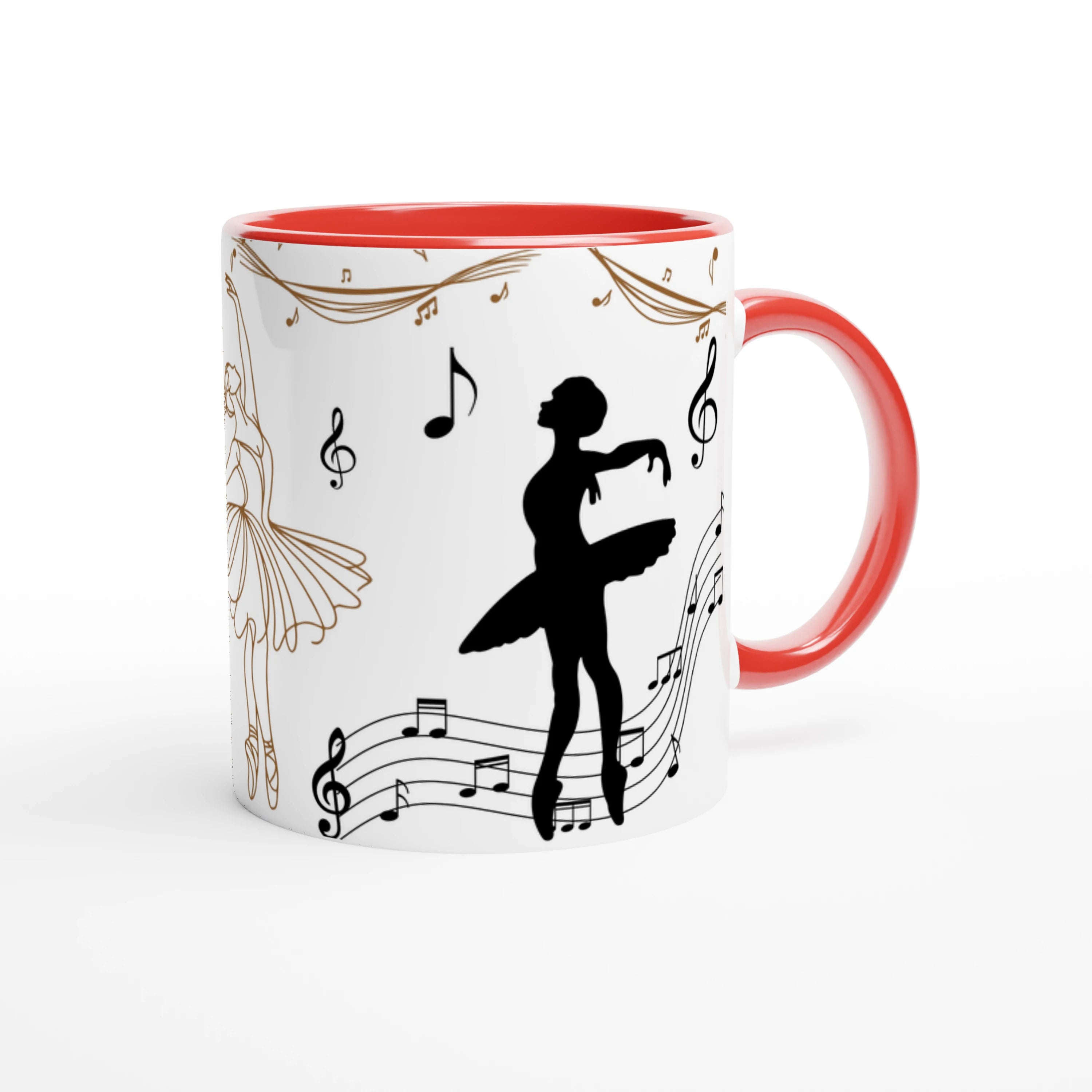 Mug personnalisable avec prénom, danseuse classique et notes de musique, intérieur rouge, parfait pour un cadeau unique pour une passionnée de ballet.