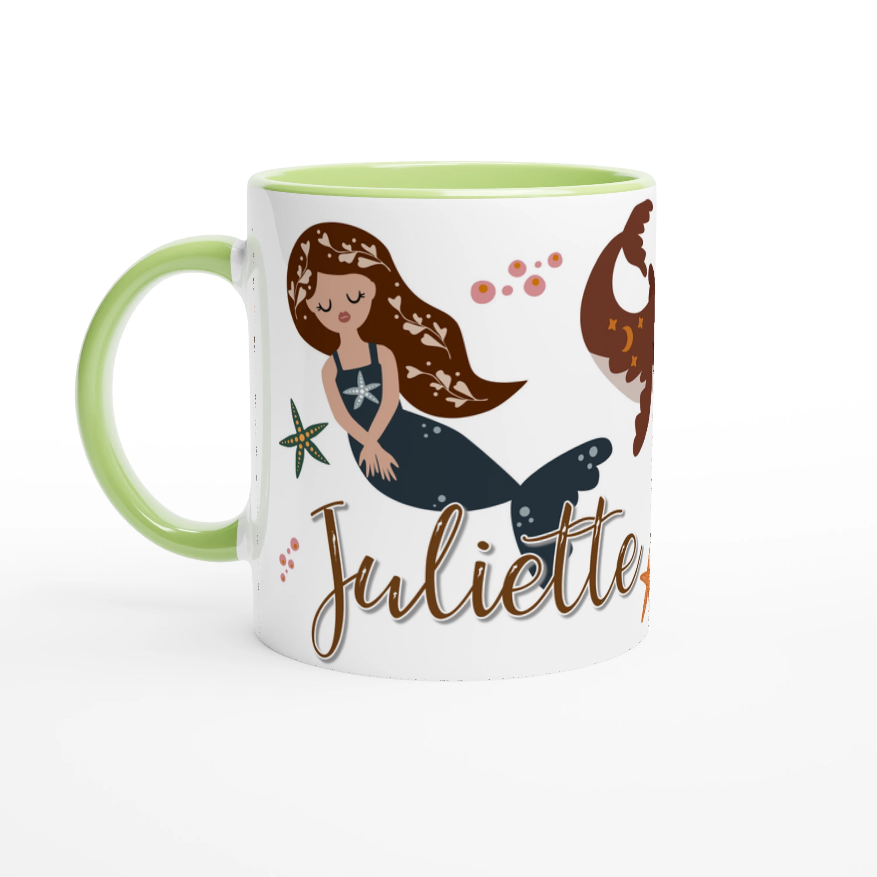 Tasse personnalisée avec décor de sirènes, intérieur vert, idéale pour un cadeau coloré et original.