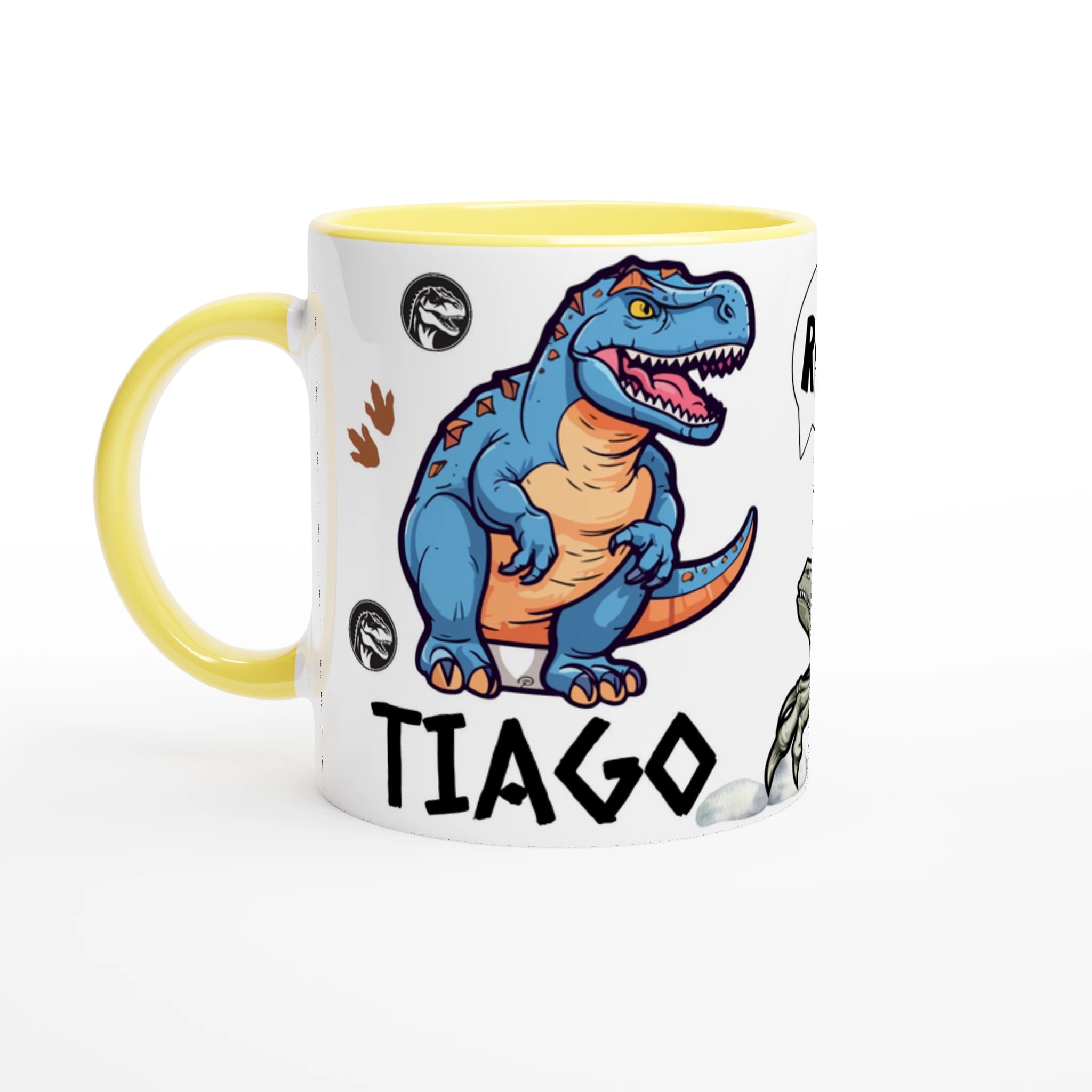 Mug dinosaure personnalisé avec prénom, intérieur jaune, motif T-Rex amusant pour enfant.