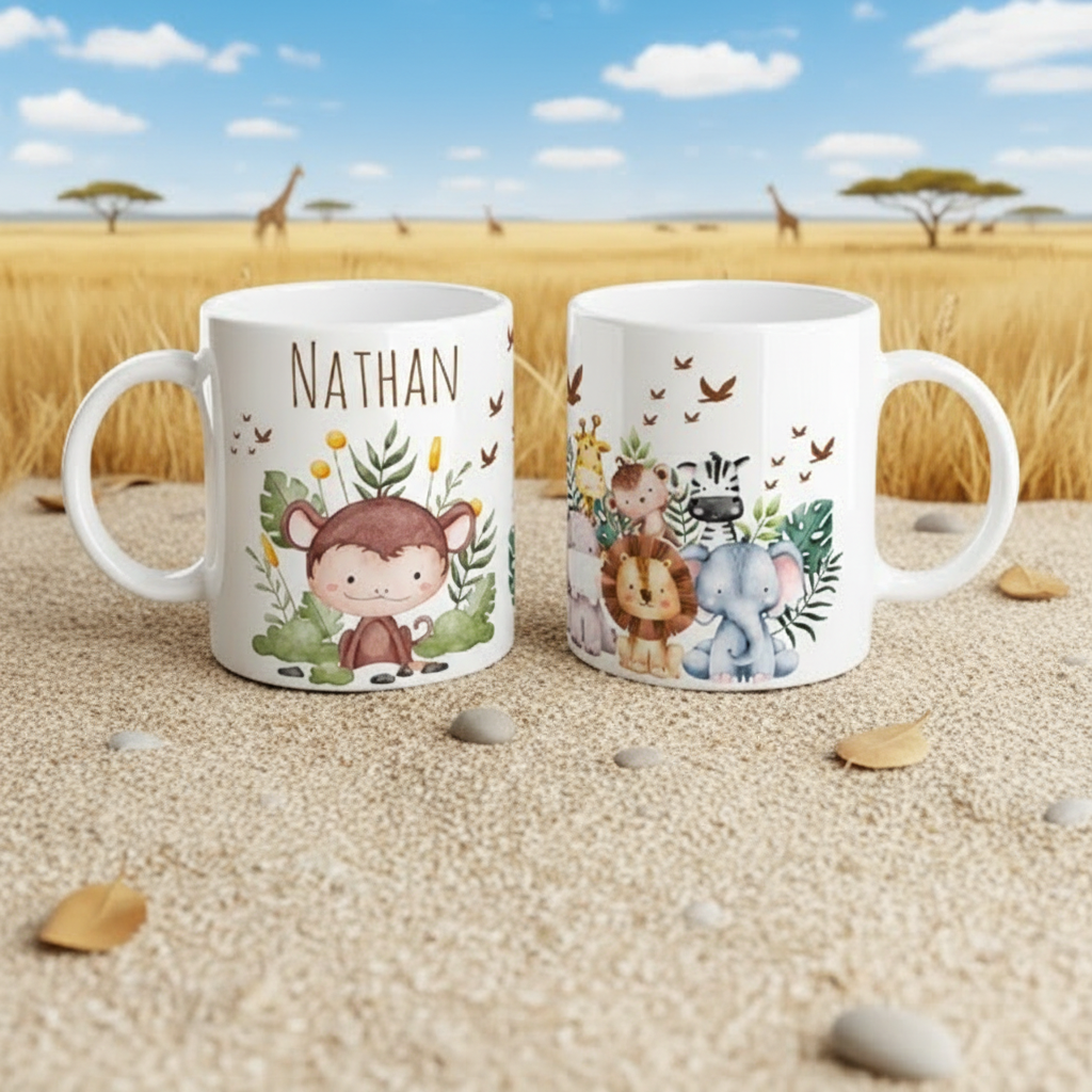 Mug personnalisé enfant illustré avec des animaux de la jungle, singe, lion, éléphant et girafe, dans un décor de savane doux et ludique.