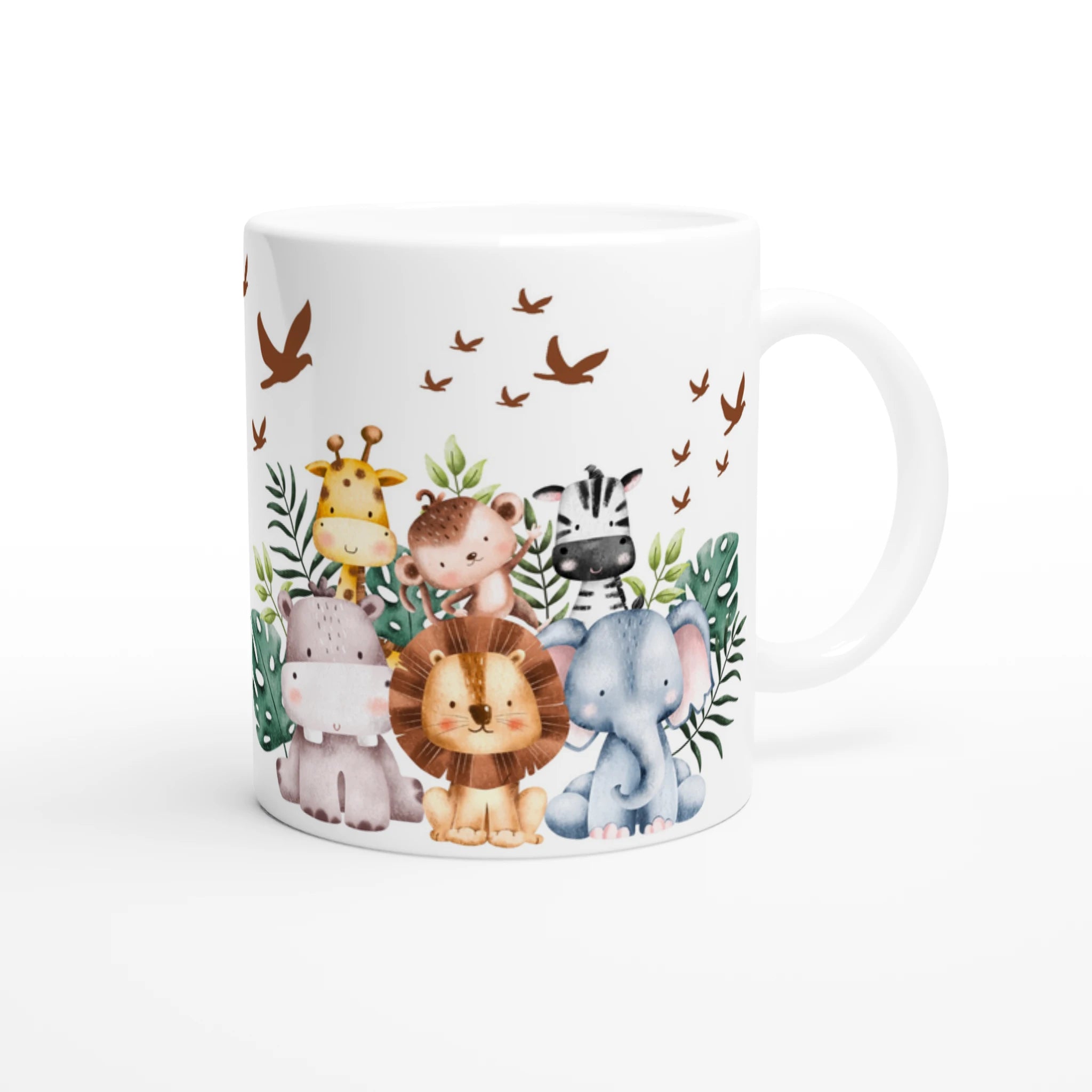 Mug personnalisé tout blanc avec illustration d’éléphant et animaux de la savane en aquarelle, un cadeau tendre et original.