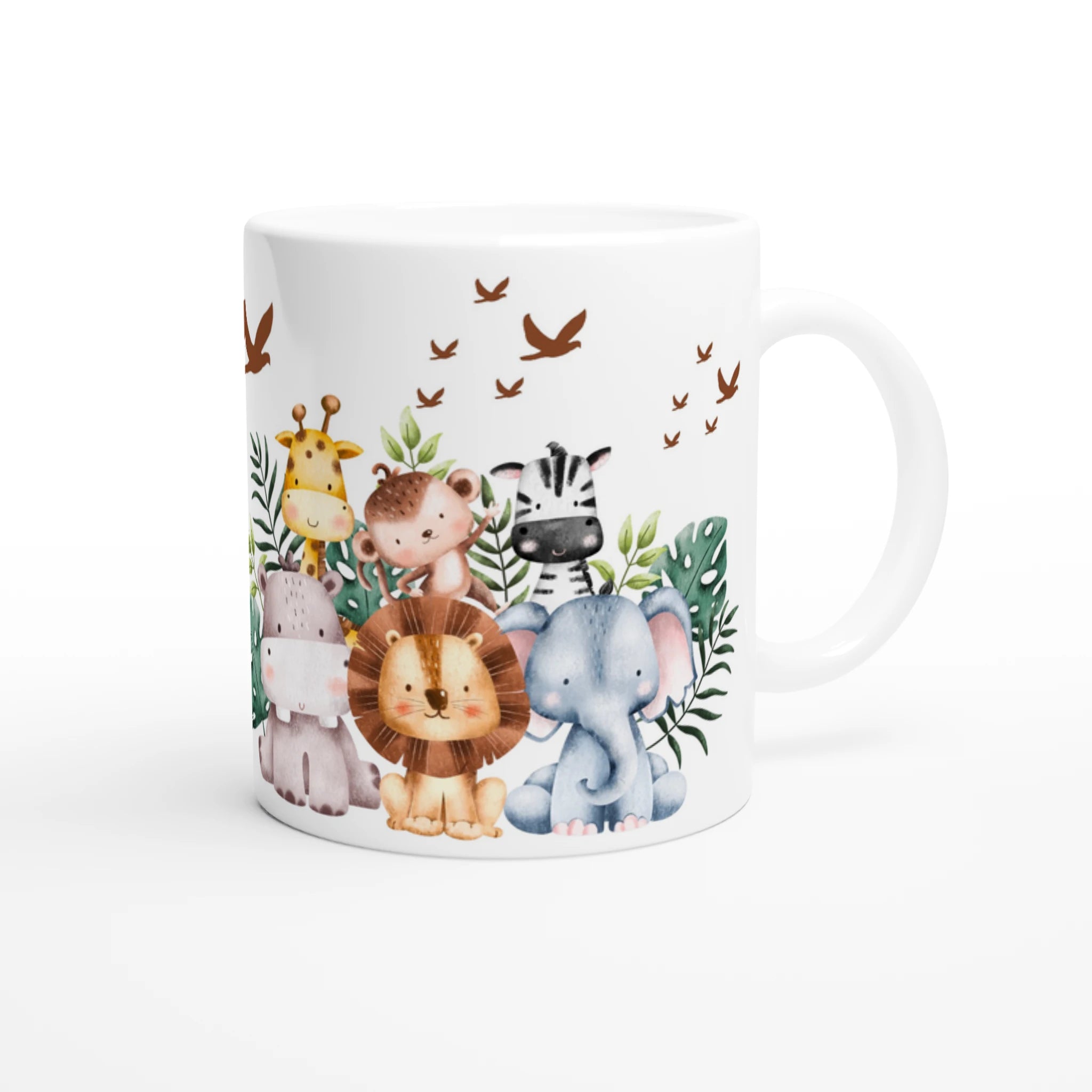 Mug personnalisé tout blanc avec une adorable girafe et ses amis de la savane, un cadeau unique et attendrissant pour les enfants.