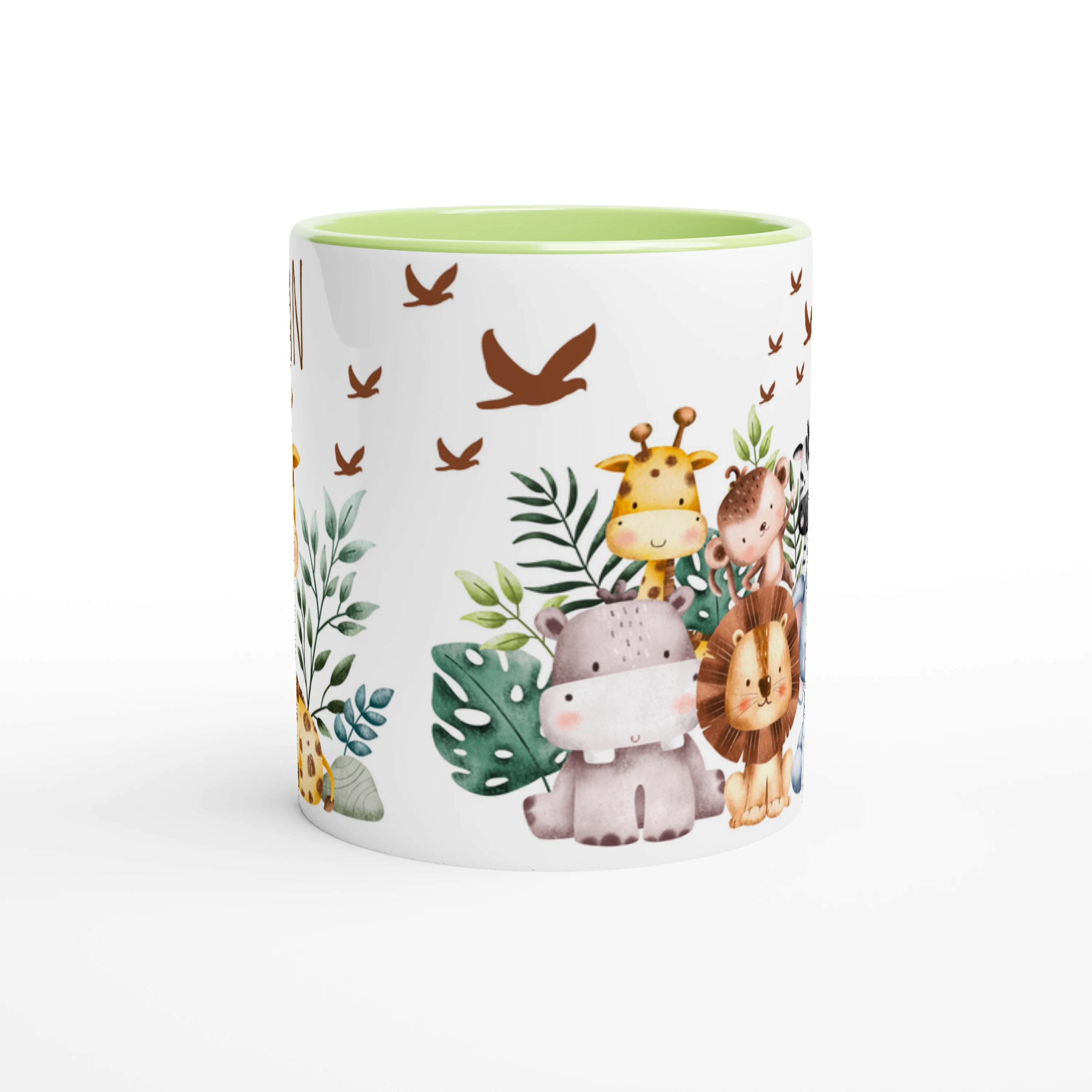Mug personnalisé avec girafe et feuillage luxuriant, intérieur vert, un cadeau nature et original pour un enfant curieux.
