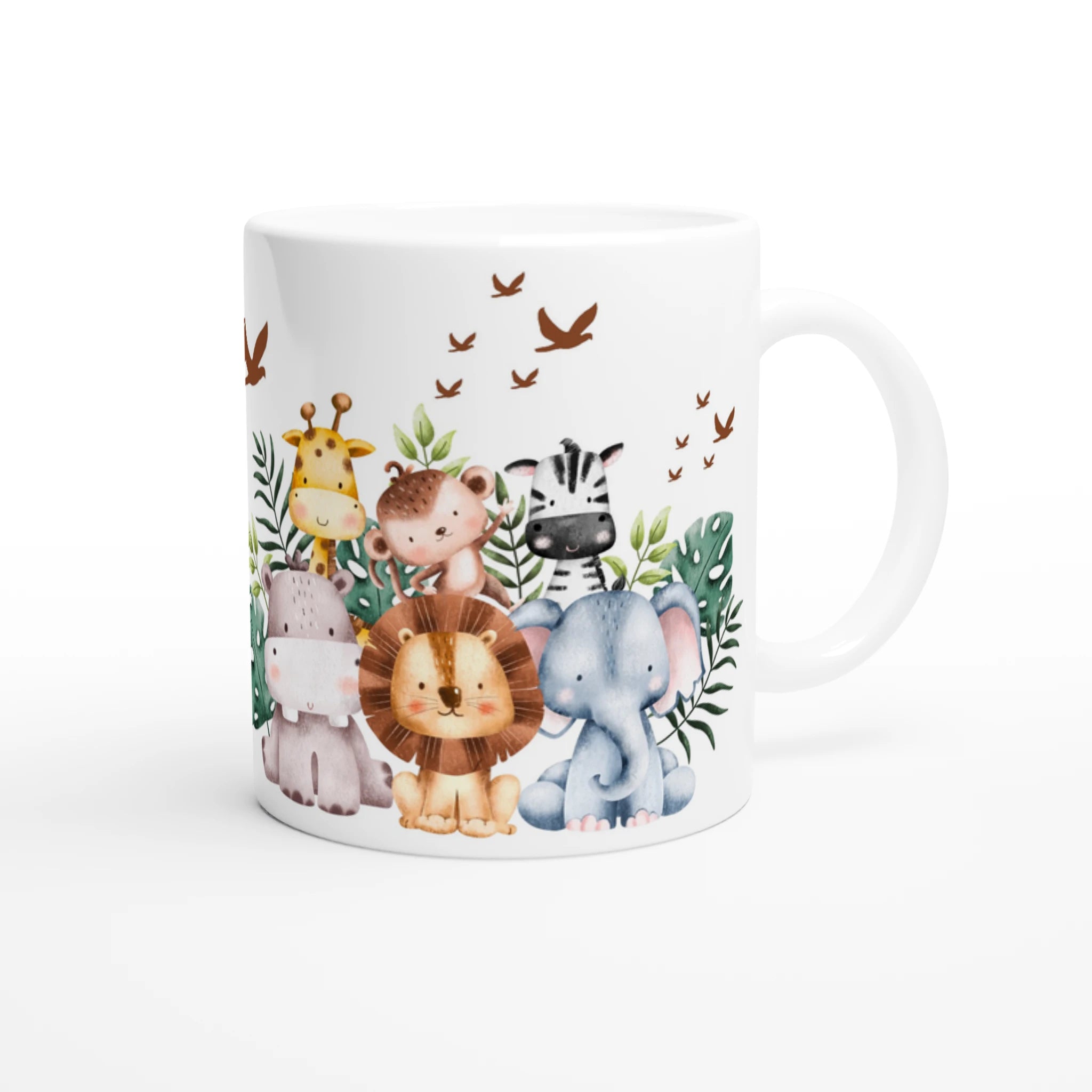 Mug personnalisé tout blanc avec un zèbre adorable et ses amis de la savane, parfait pour un cadeau unique et attendrissant.
