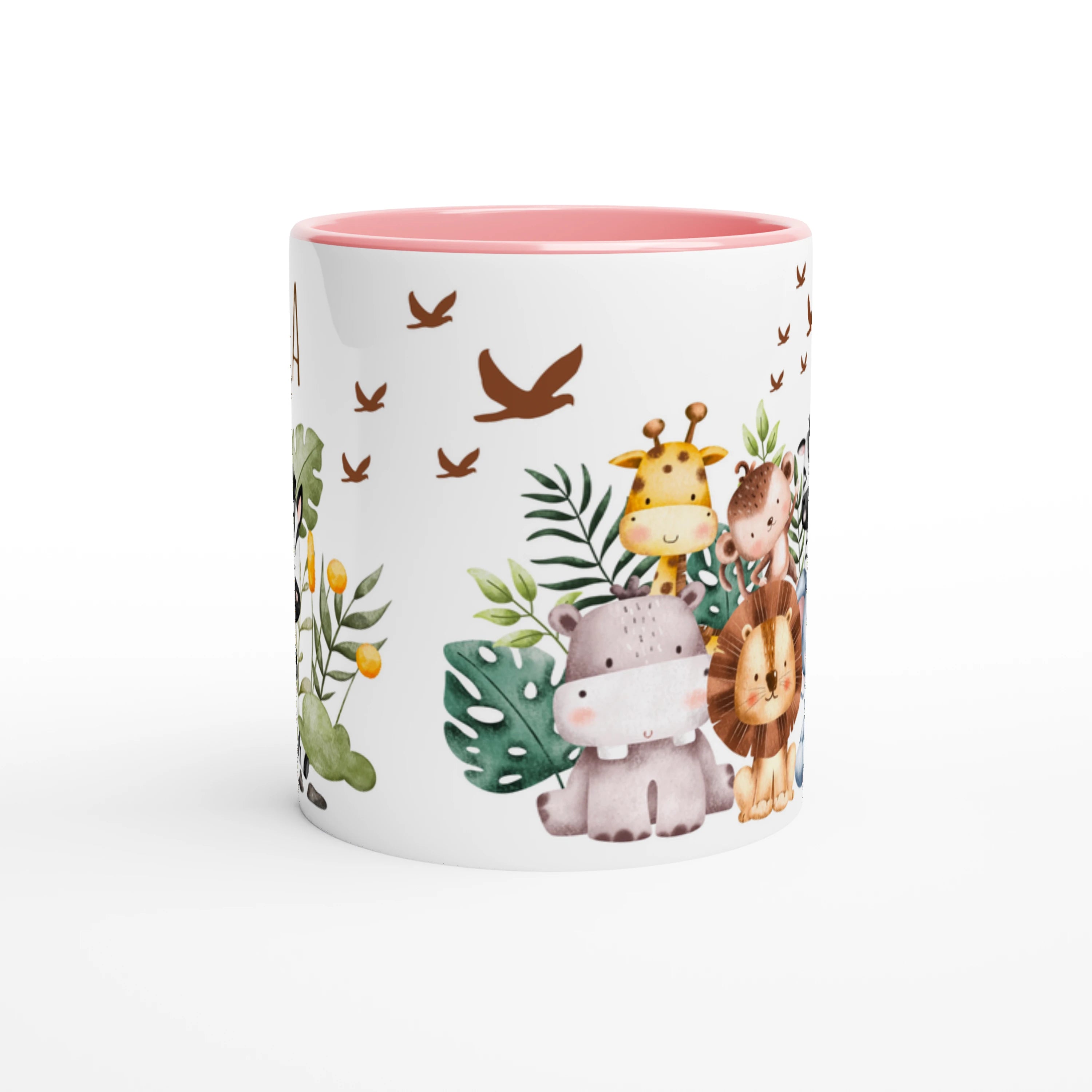 Mug personnalisé avec un zèbre mignon entouré de végétation, intérieur rose, une idée cadeau douce et charmante.