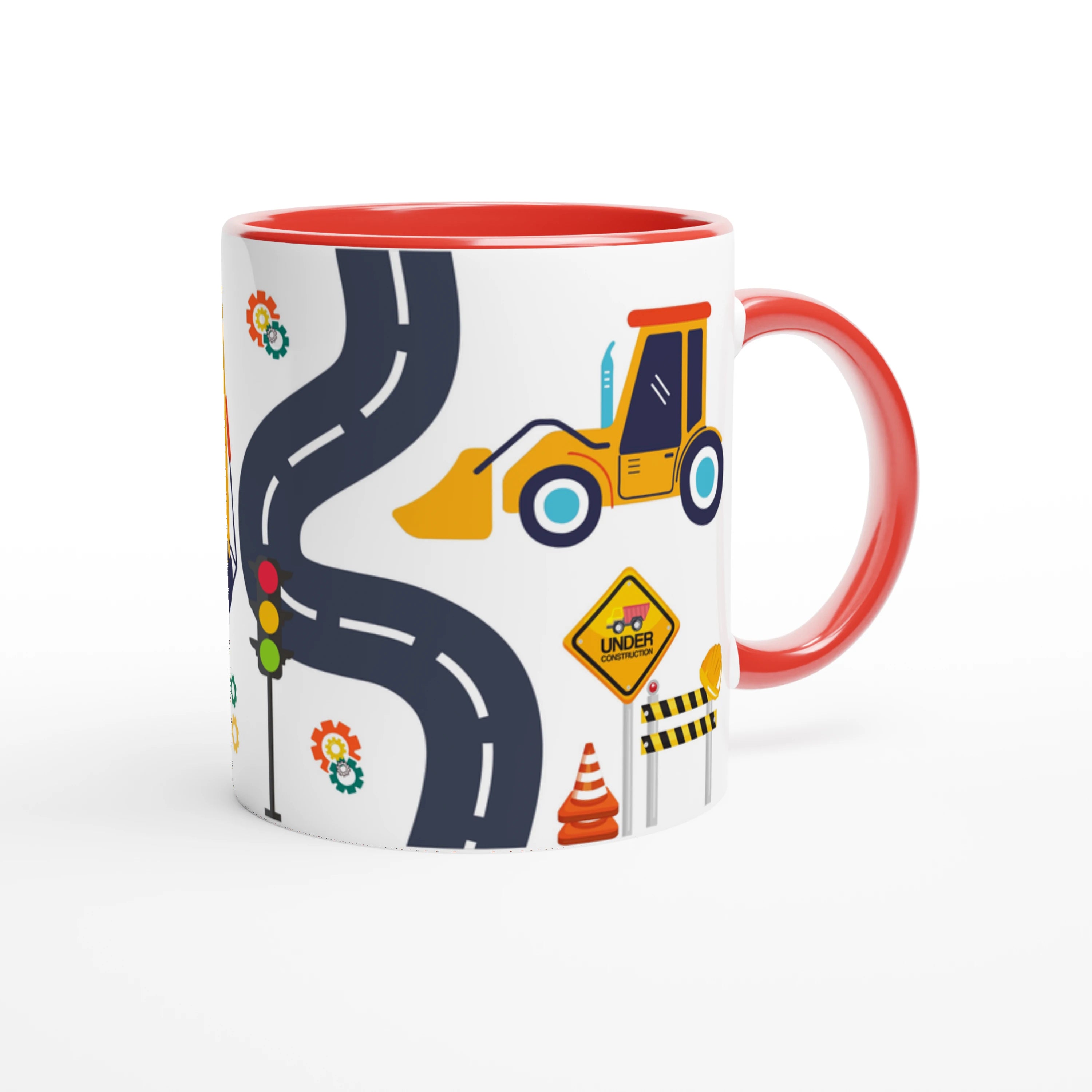 Mug personnalisé avec tracteur, pelleteuse et routes en dessin détaillé, intérieur rouge, parfait pour un cadeau unique et dynamique.
