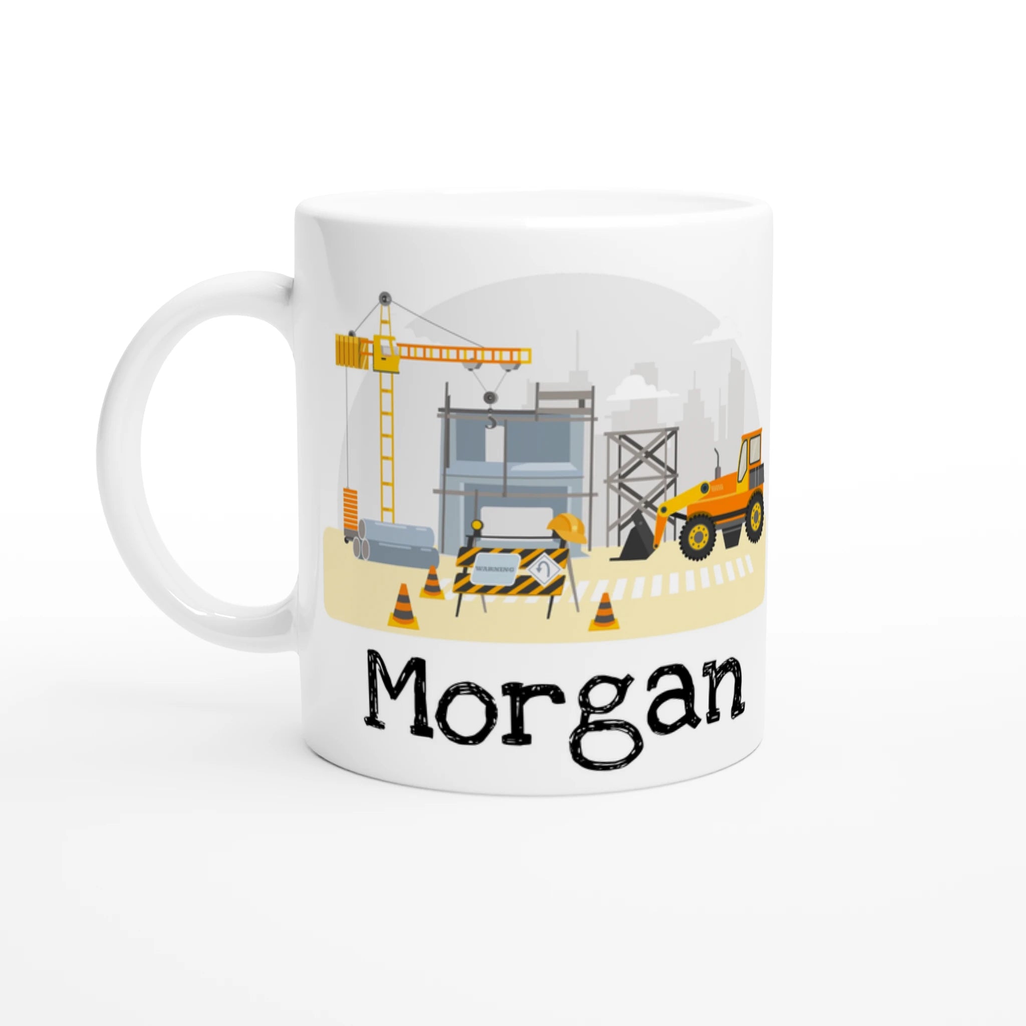 Mug personnalisé tout blanc avec chantier de construction et panneau "Under Construction", parfait pour un cadeau amusant et original.