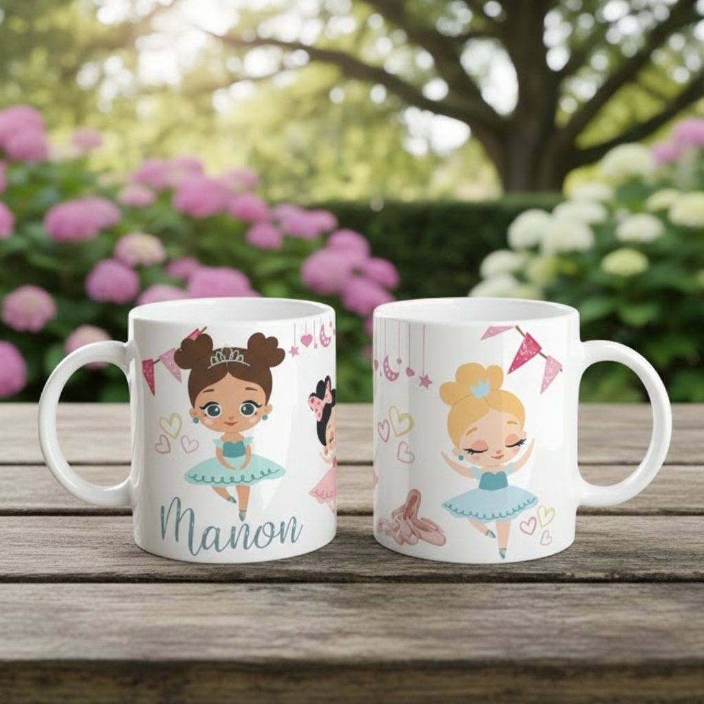 Tasse personnalisée danse classique avec ballerines illustrées, cœurs décoratifs et guirlandes festives, idéale comme cadeau pour danseuse enfant.