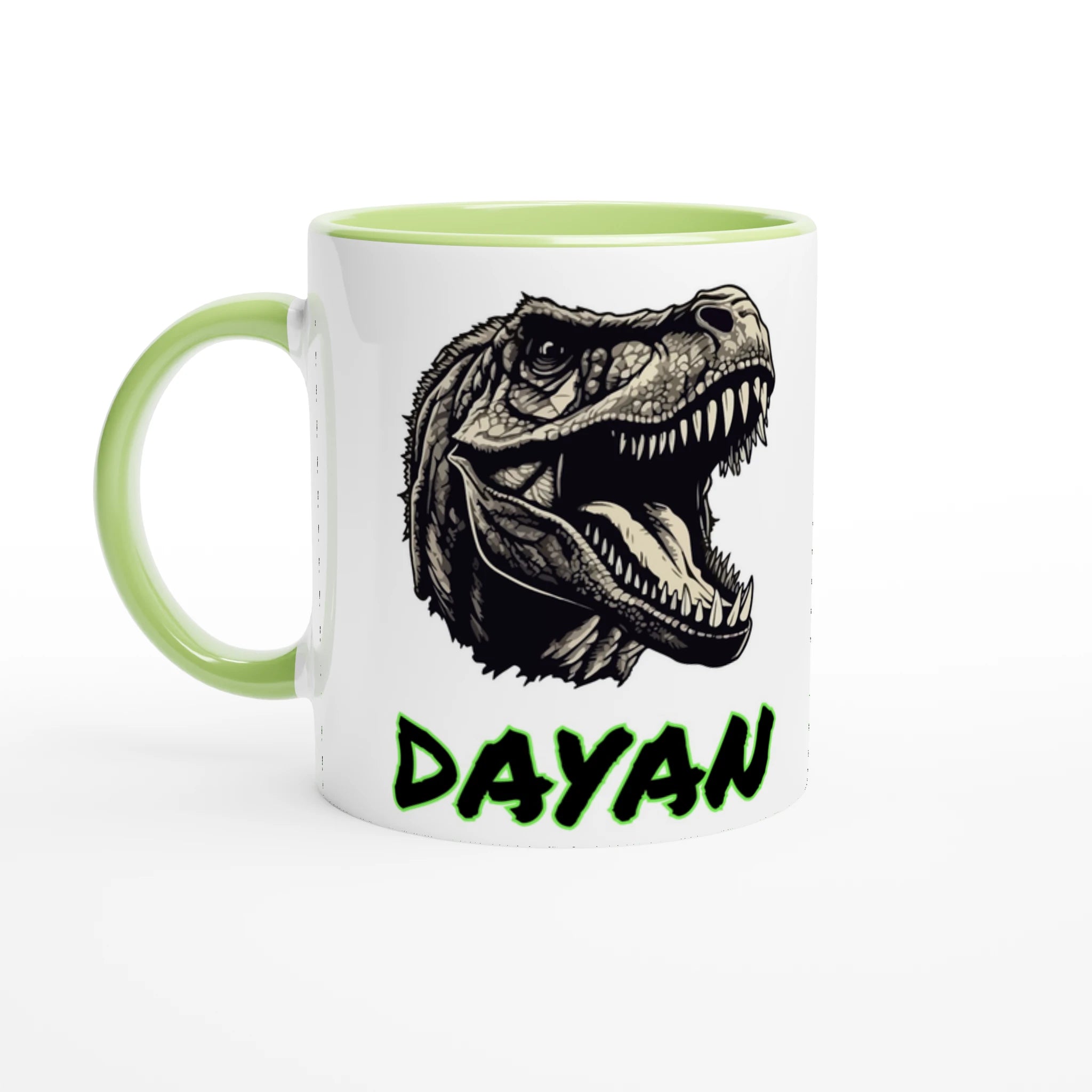 Mug personnalisé avec motif T-Rex noir et prénom, intérieur vert, parfait pour les fans de dinosaures.