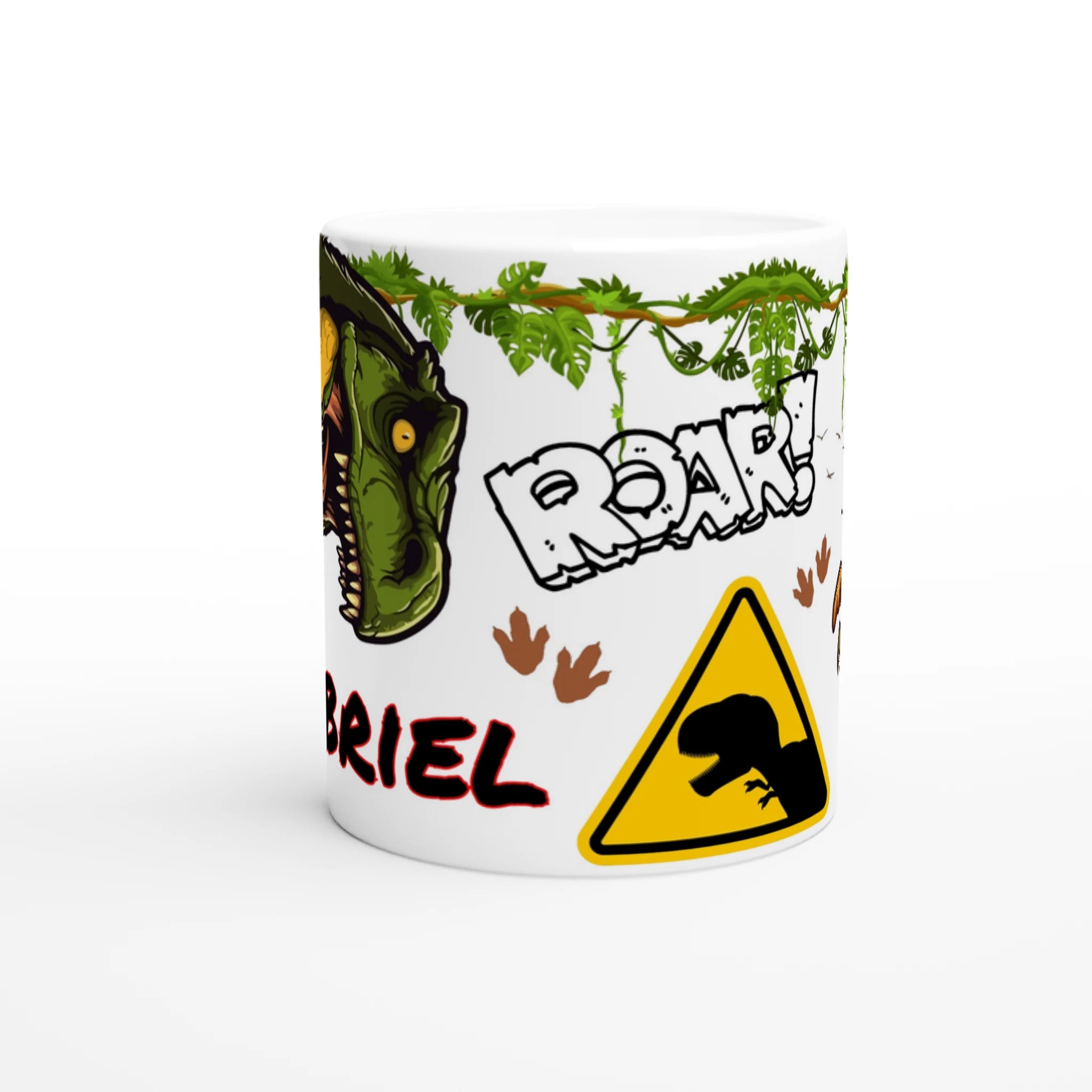 Tasse personnalisée dinosaure féroce et panneau attention