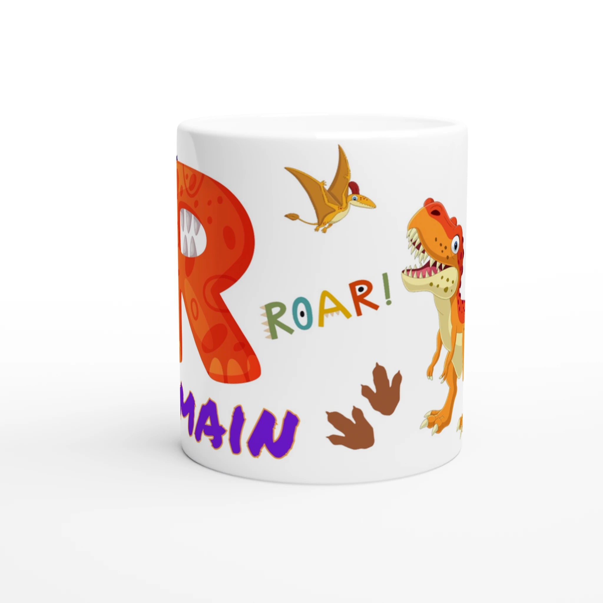 Tasse dinosaure orange à personnaliser avec prénom et initial