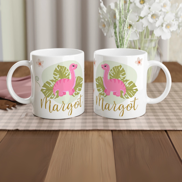 Mug à personnaliser avec dinosaure rose et grosses feuilles vertes tropicales