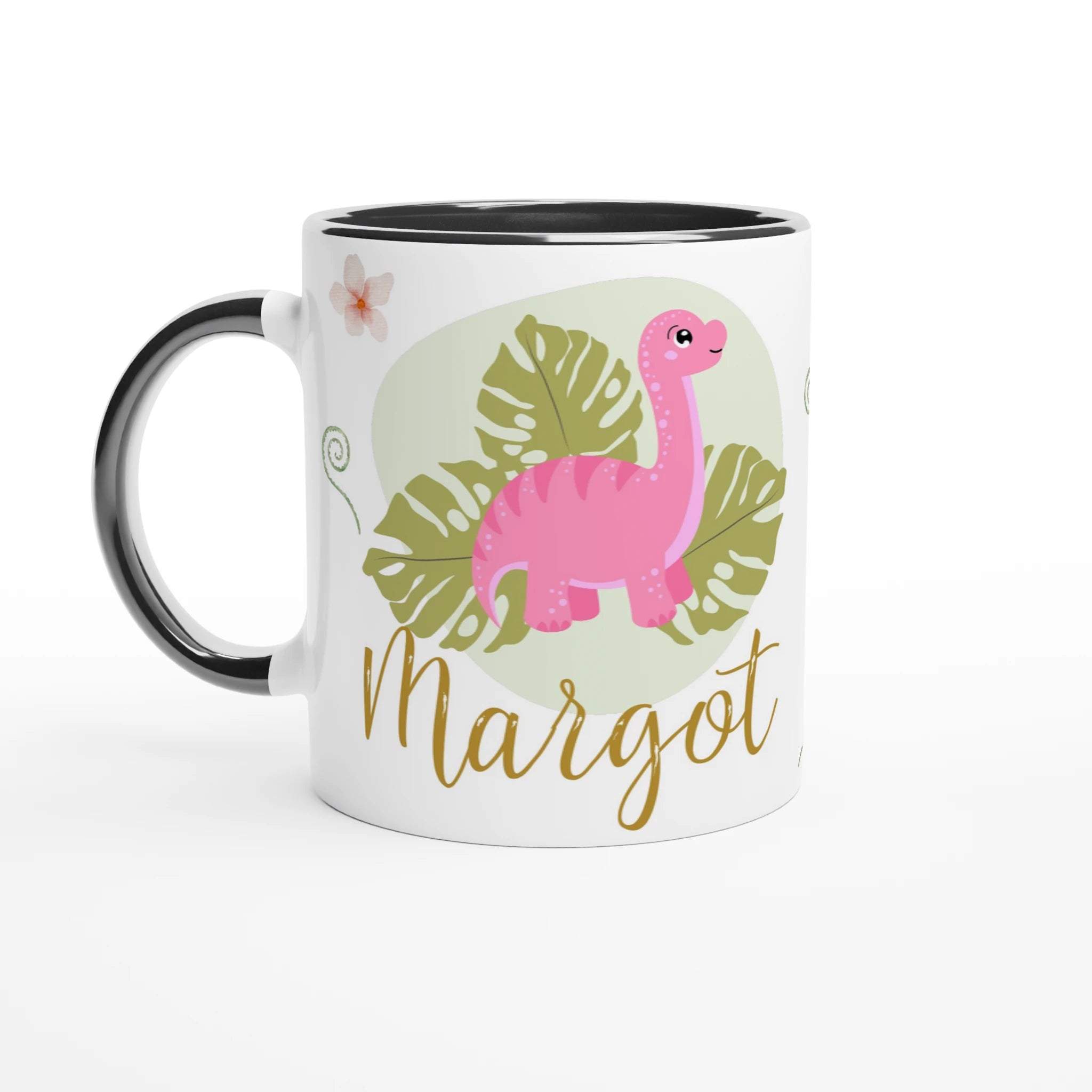 Mug personnalisé avec dinosaure rose, intérieur noir, parfait comme cadeau original pour les fans de dinosaures.