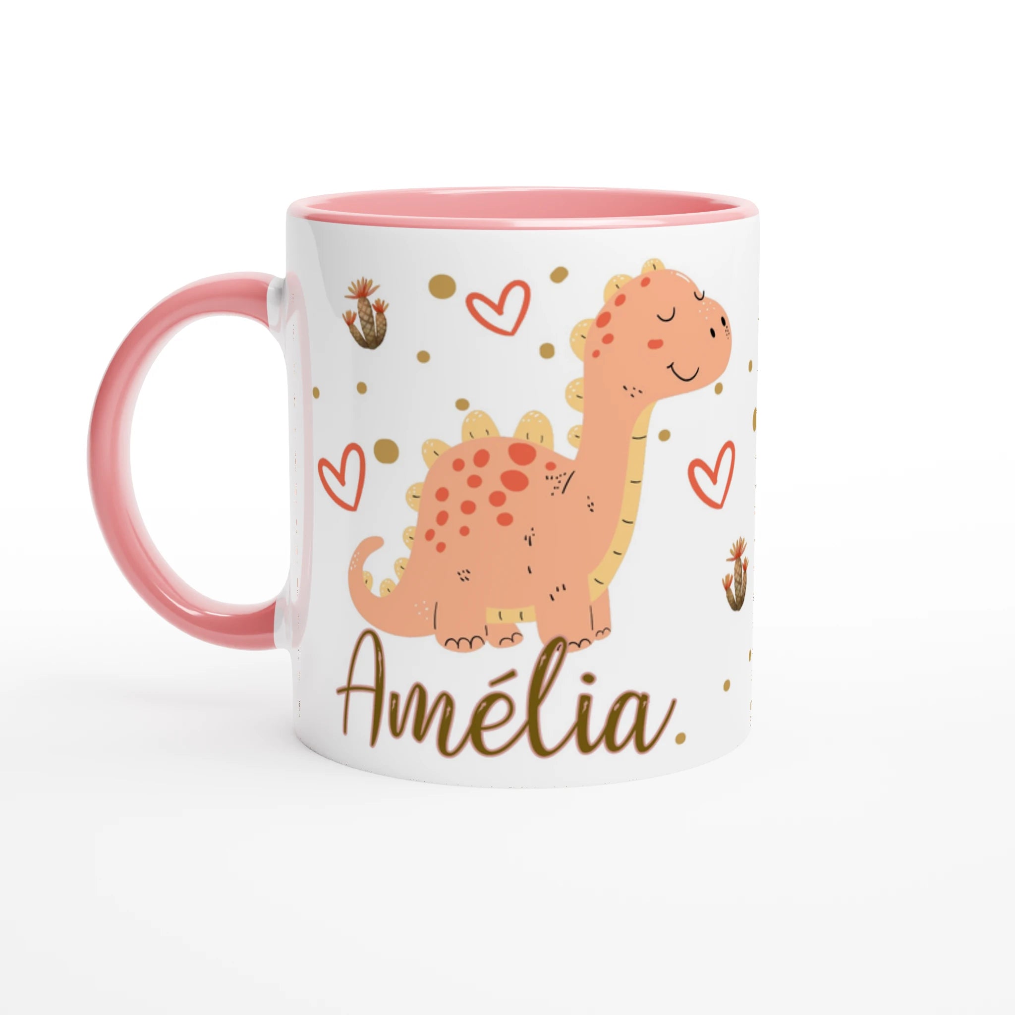 Mug dinosaure personnalisé avec prénom, intérieur rose, design doux avec petits cœurs et cactus, parfait pour les enfants.
