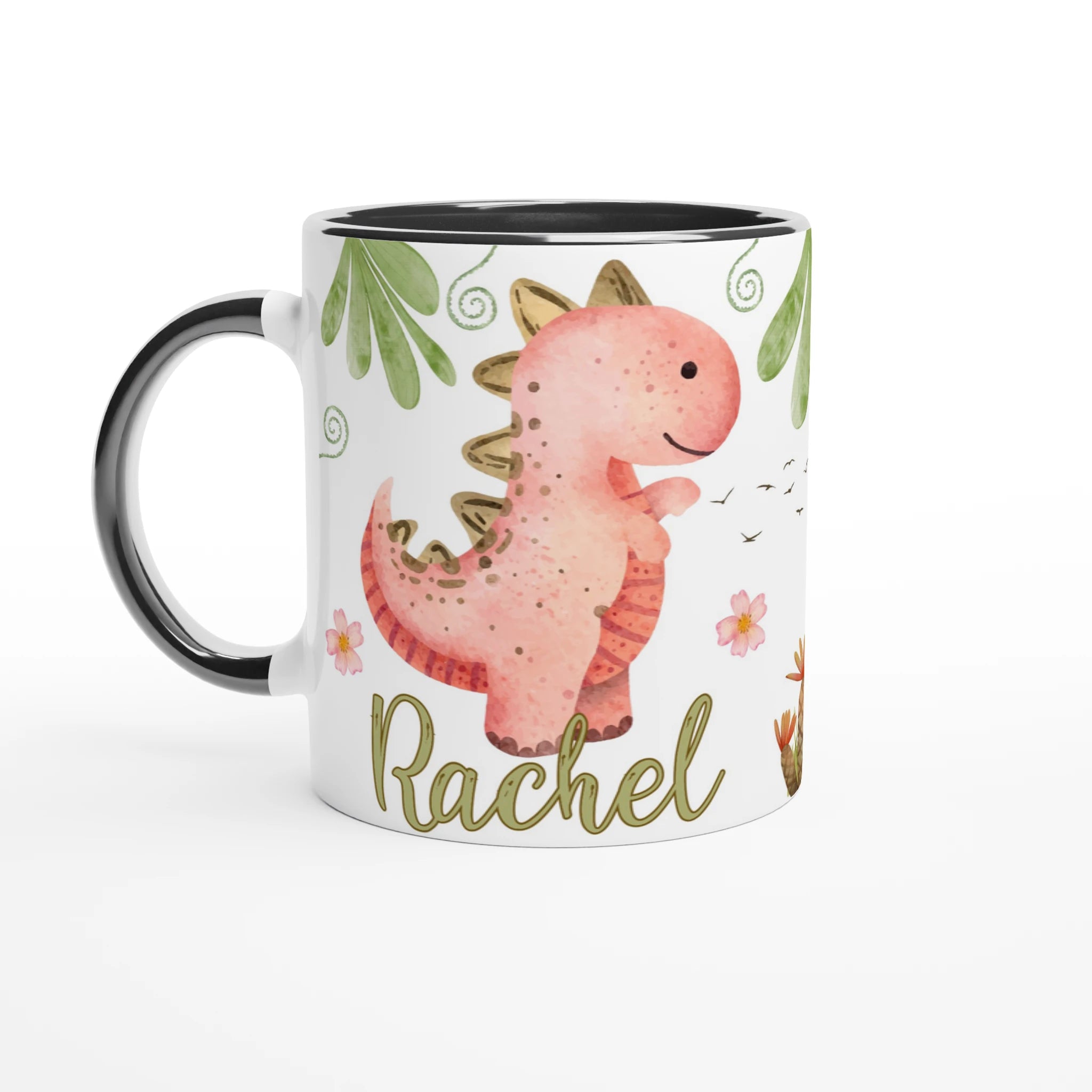 Mug personnalisé avec motif dinosaure et prénom, intérieur noir, parfait pour les petits fans de dinosaures.