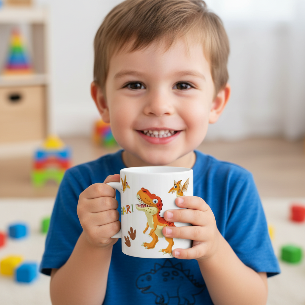 Tasse personnalisée enfant avec illustration dinosaure, mug enfant personnalisé durable en céramique