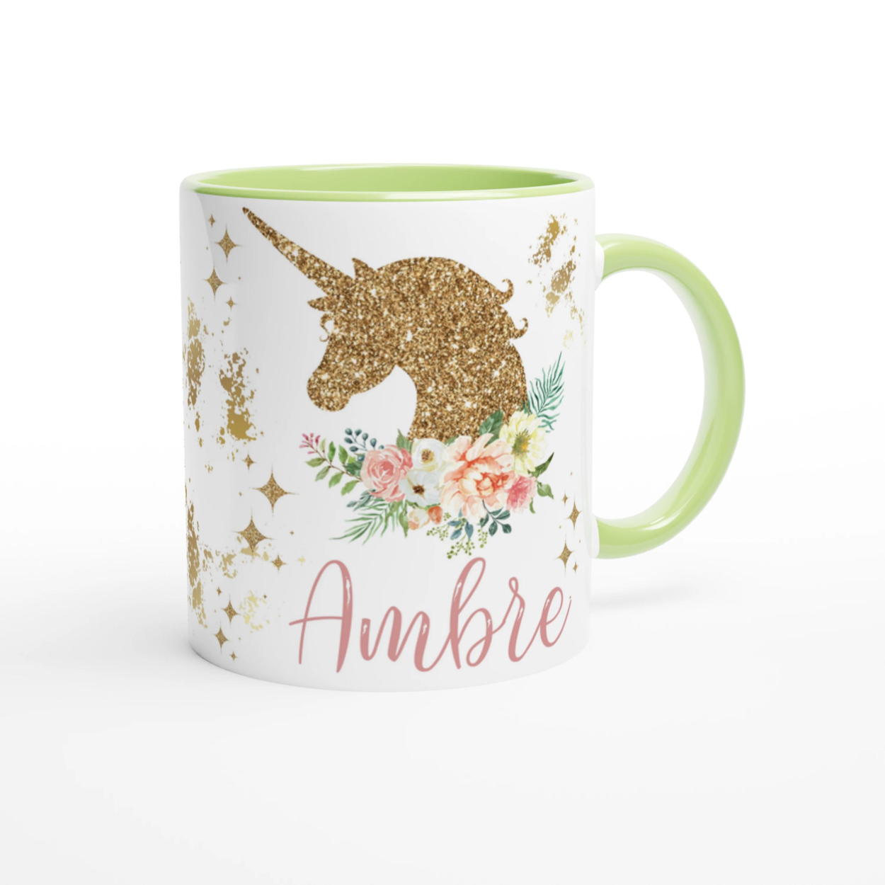 Tasse personnalisée avec licorne et feuillage bohème, intérieur vert, un cadeau enchanteur et naturel.
