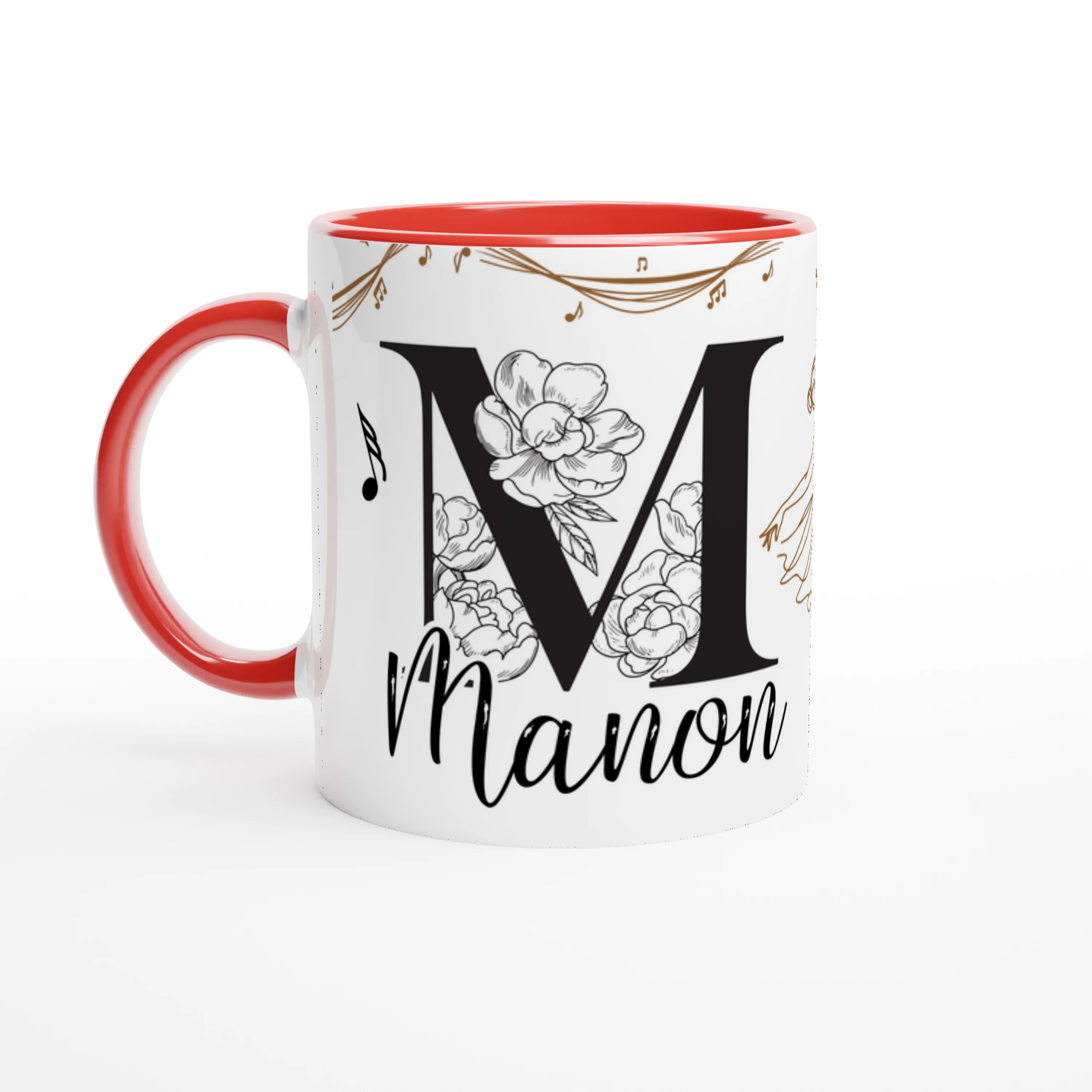 Mug personnalisable avec prénom, danseuse classique et notes de musique, intérieur rouge, parfait pour un cadeau unique pour une passionnée de ballet.