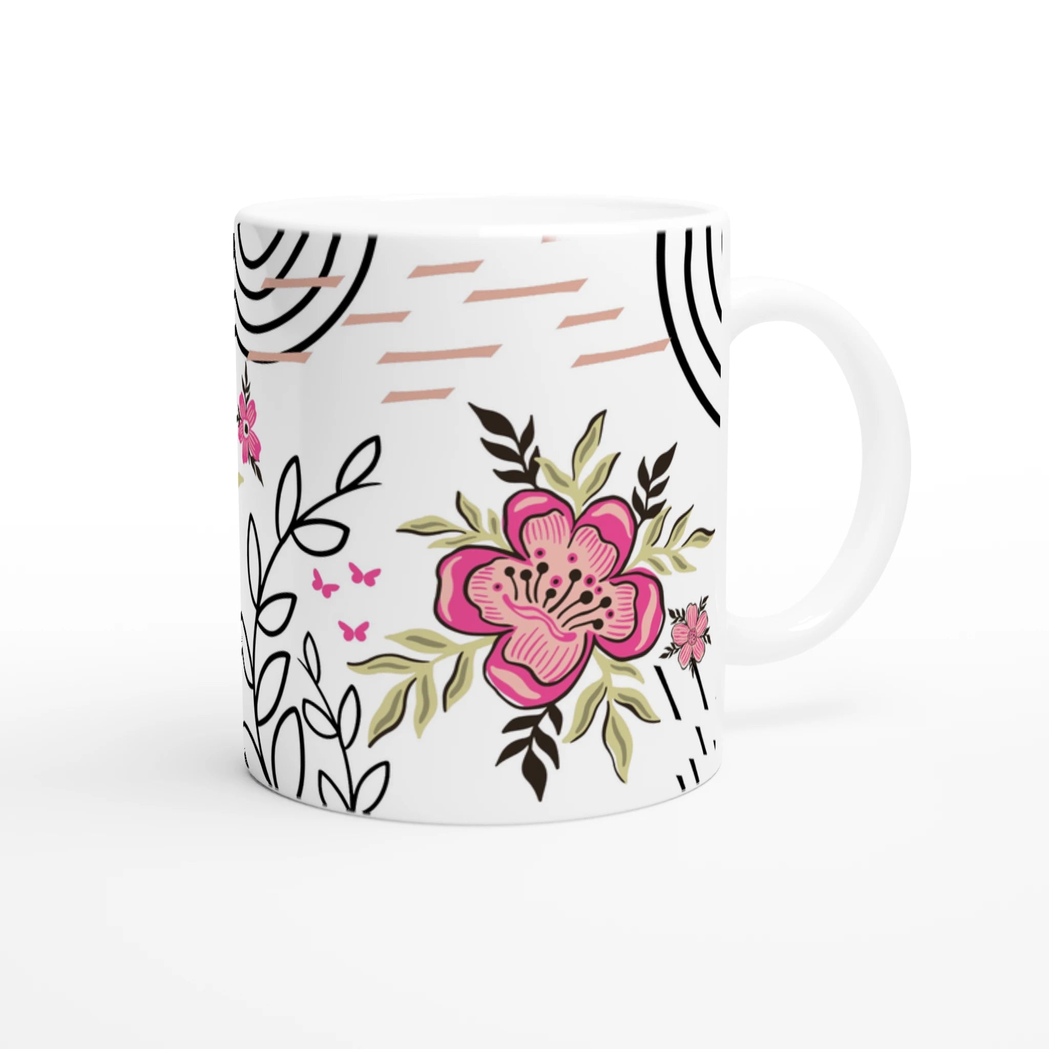 Mug personnalisé tout blanc avec fleurs bohèmes et motifs graphiques, idéal pour un cadeau élégant et moderne.