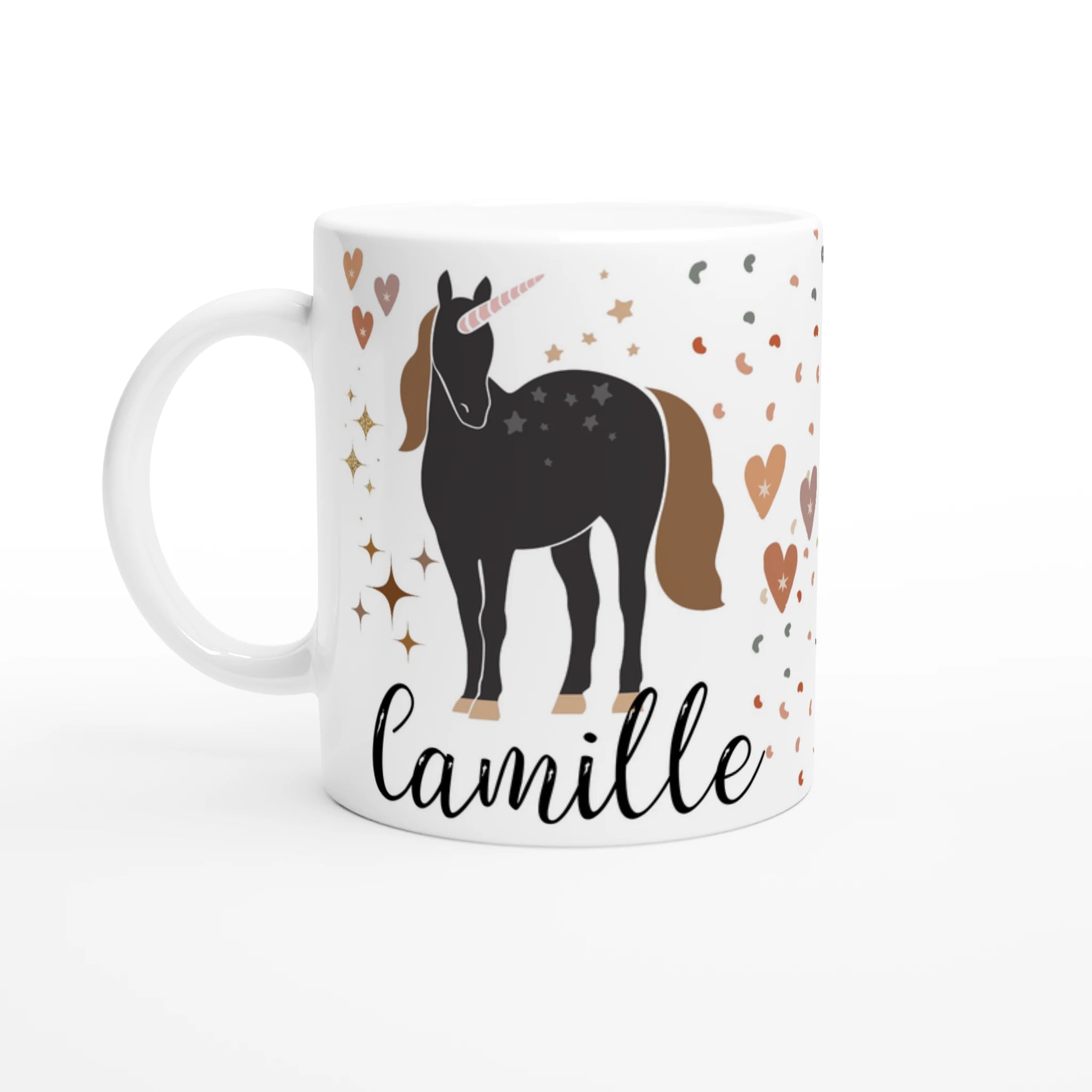 Mug personnalisé tout blanc avec licorne bohème et étoiles scintillantes, idéal pour un cadeau féerique et élégant.