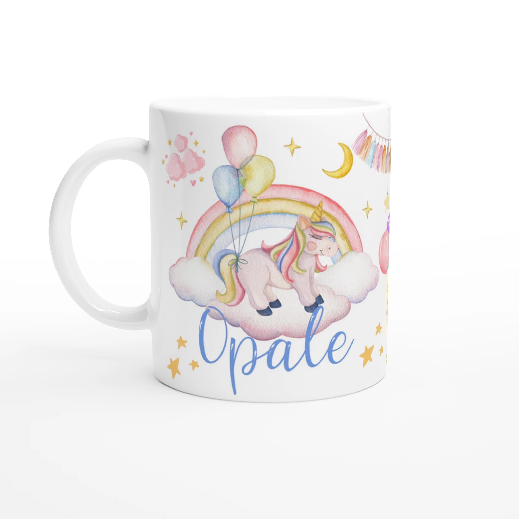 Mug personnalisé tout blanc avec licorne sur un nuage et montgolfière féerique, idéal pour un cadeau magique et enchanteur.
