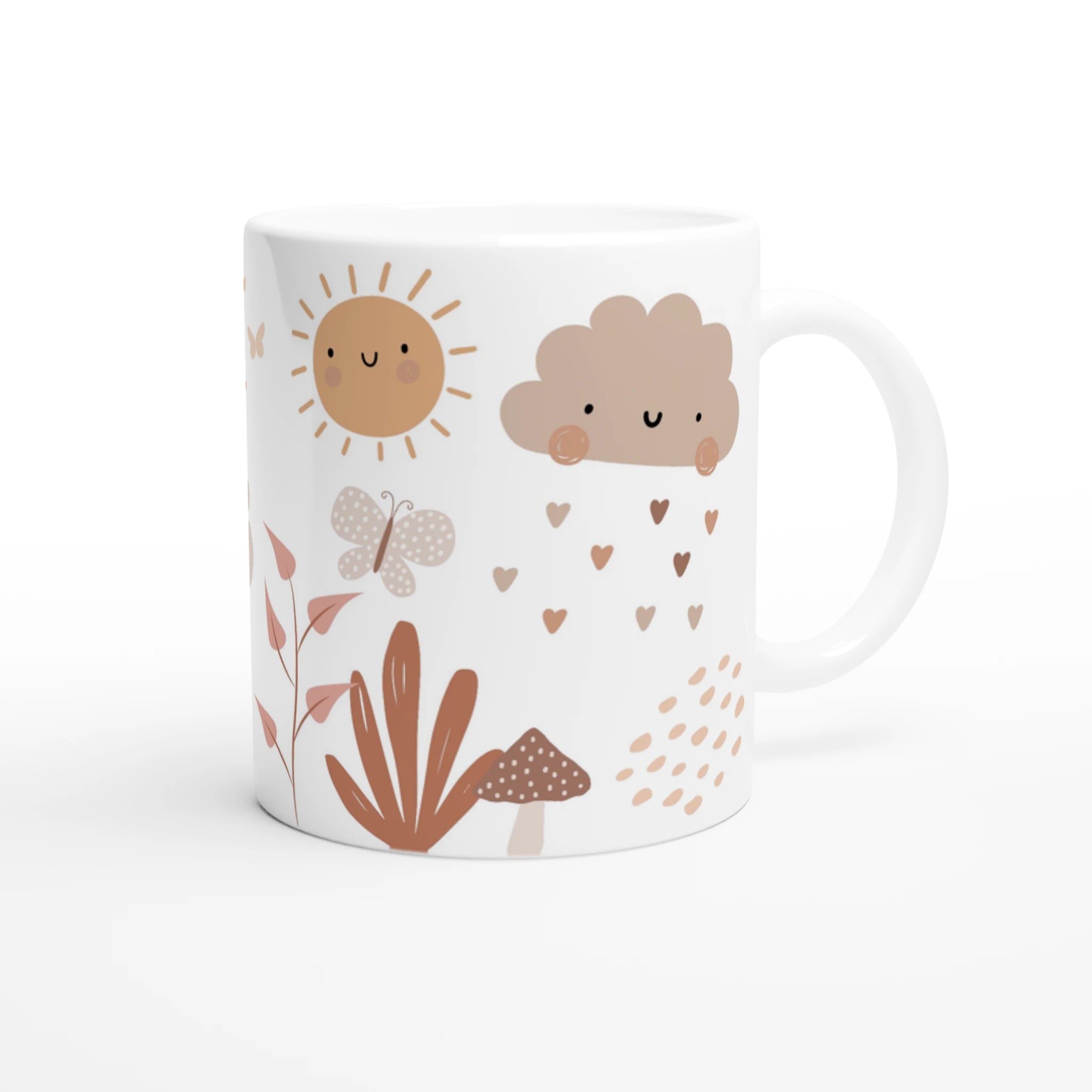 Mug personnalisé tout blanc avec nuage souriant et arc-en-ciel bohème, idéal pour un cadeau tendre et apaisant.