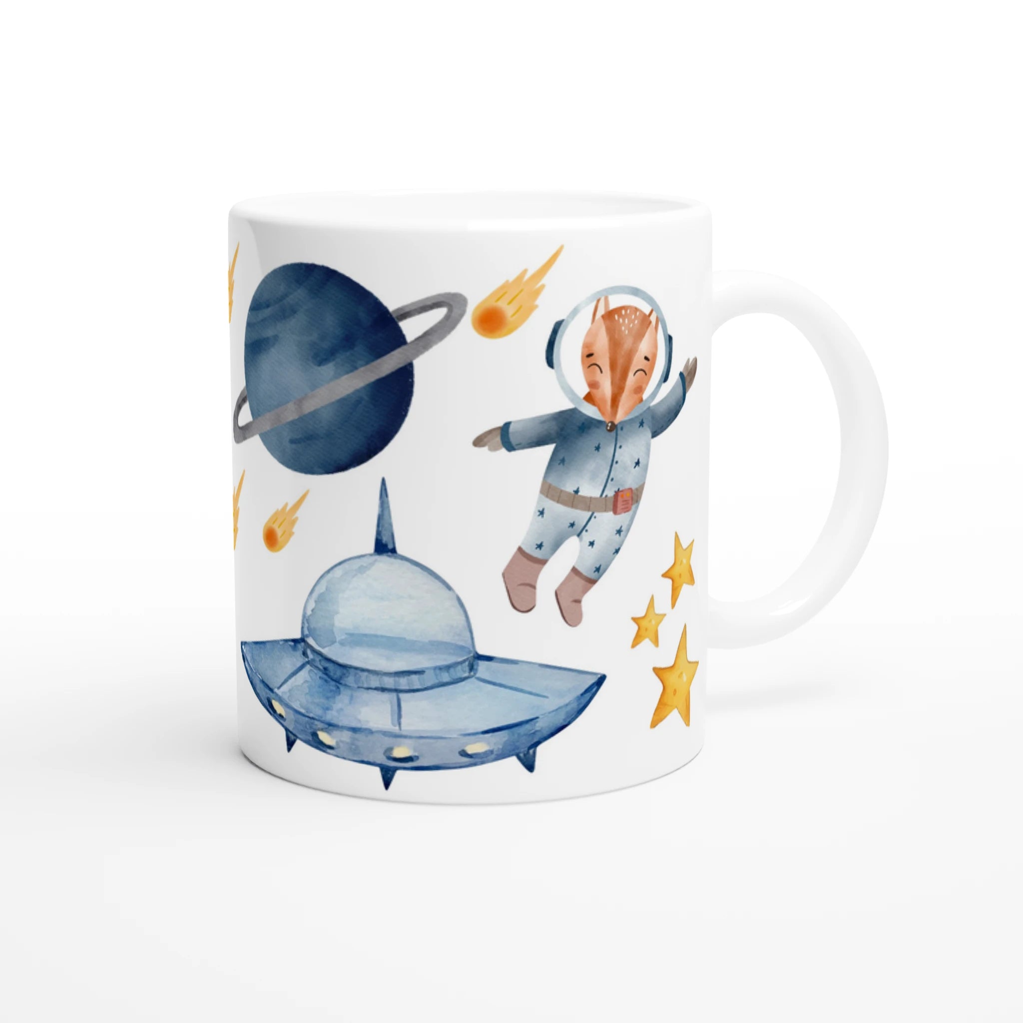 Mug personnalisé tout blanc avec ourson et renard astronautes, parfait pour un cadeau enfant original et ludique.