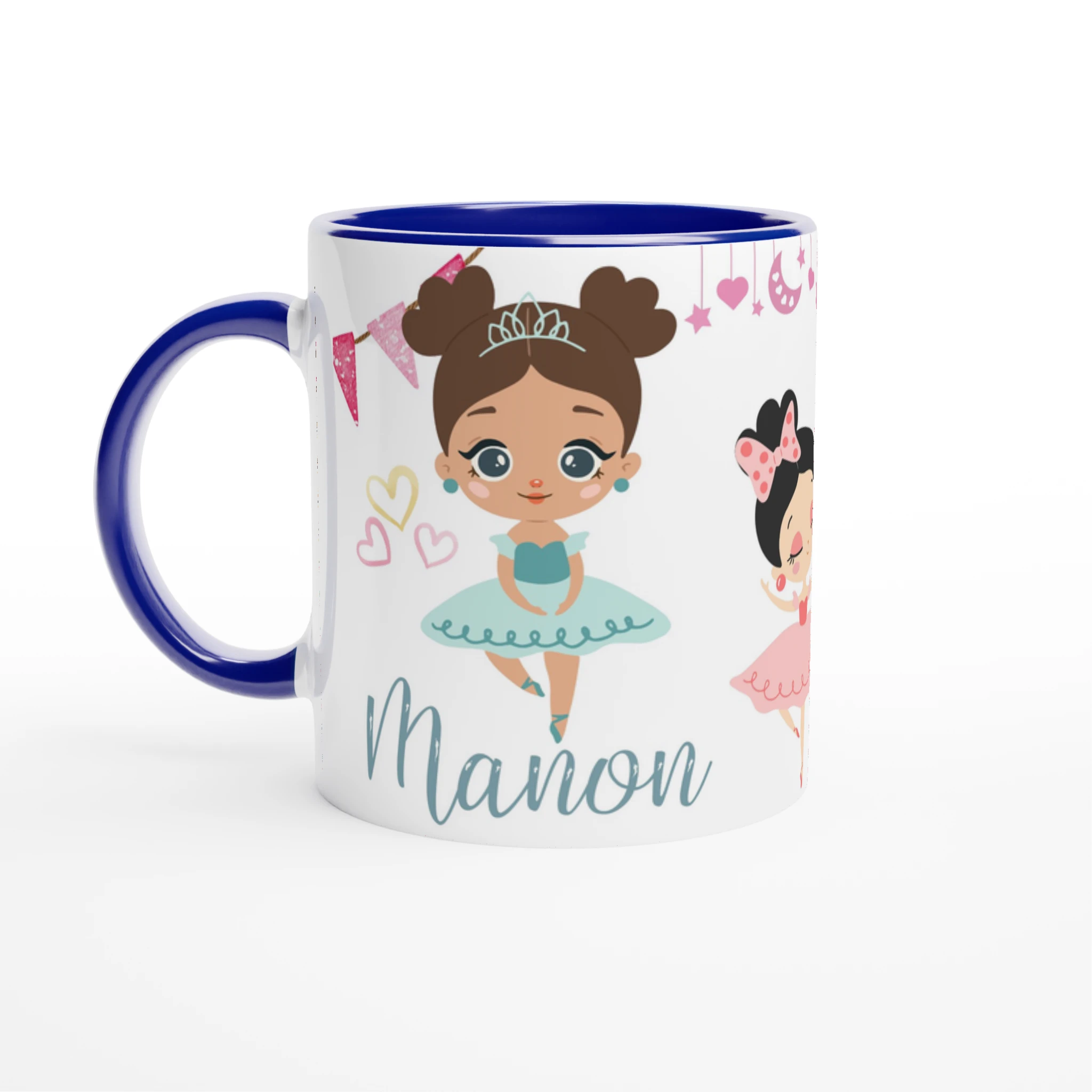 Mug personnalisé avec prénom et illustration de danseuse en robe bleue, intérieur bleu, idéal pour un cadeau original pour fille.