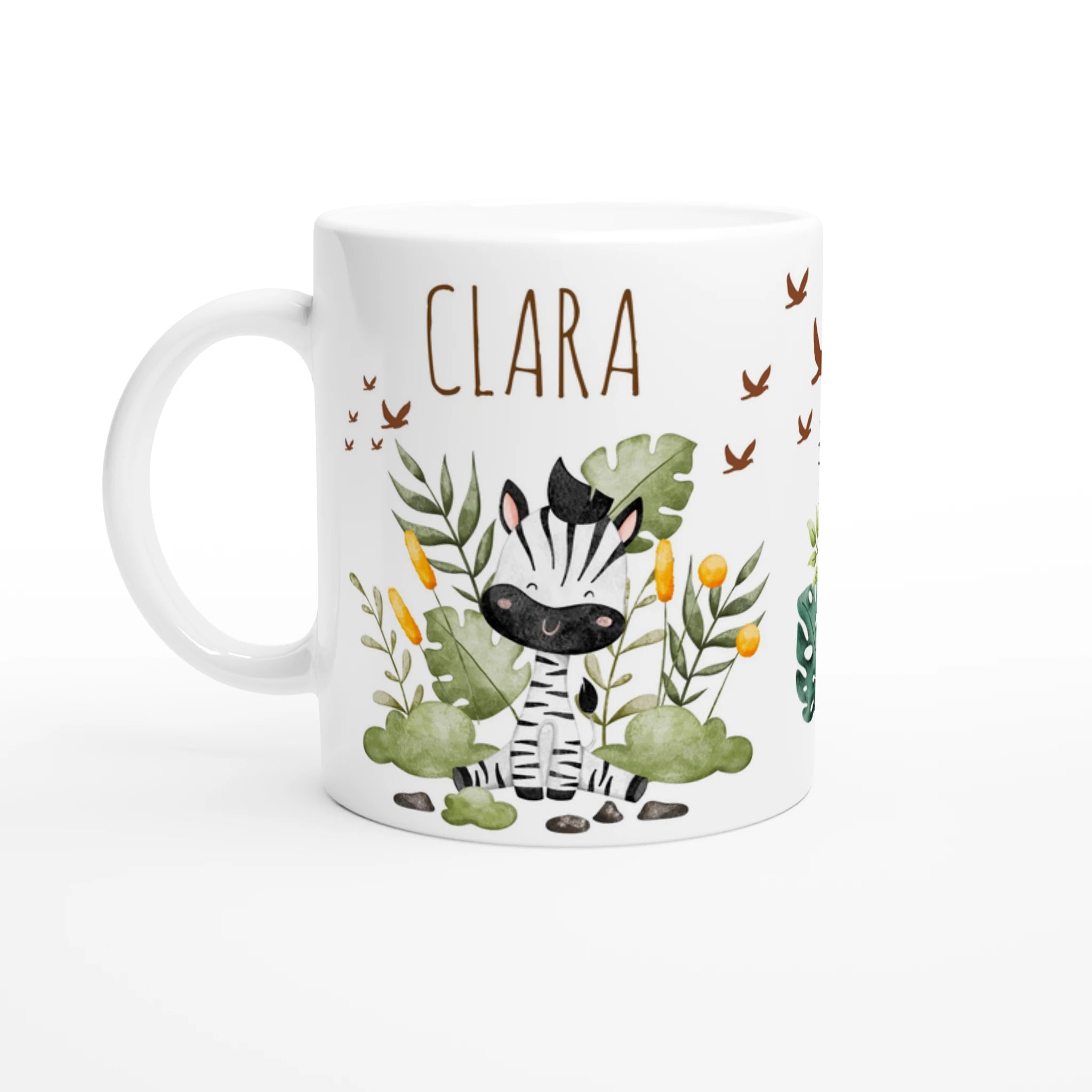 Mug personnalisé tout blanc avec un zèbre adorable et ses amis de la savane, parfait pour un cadeau unique et attendrissant.