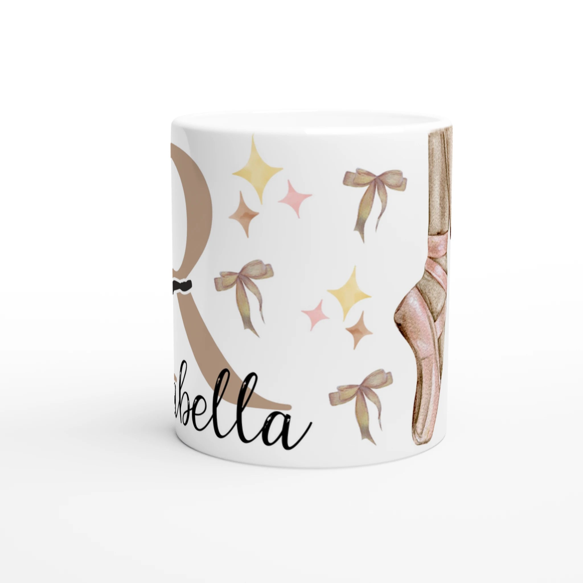 Mug personnalisable tout blanc avec prénom, illustration de ballerine et pointes de danse classique, parfait comme cadeau pour une petite danseuse.