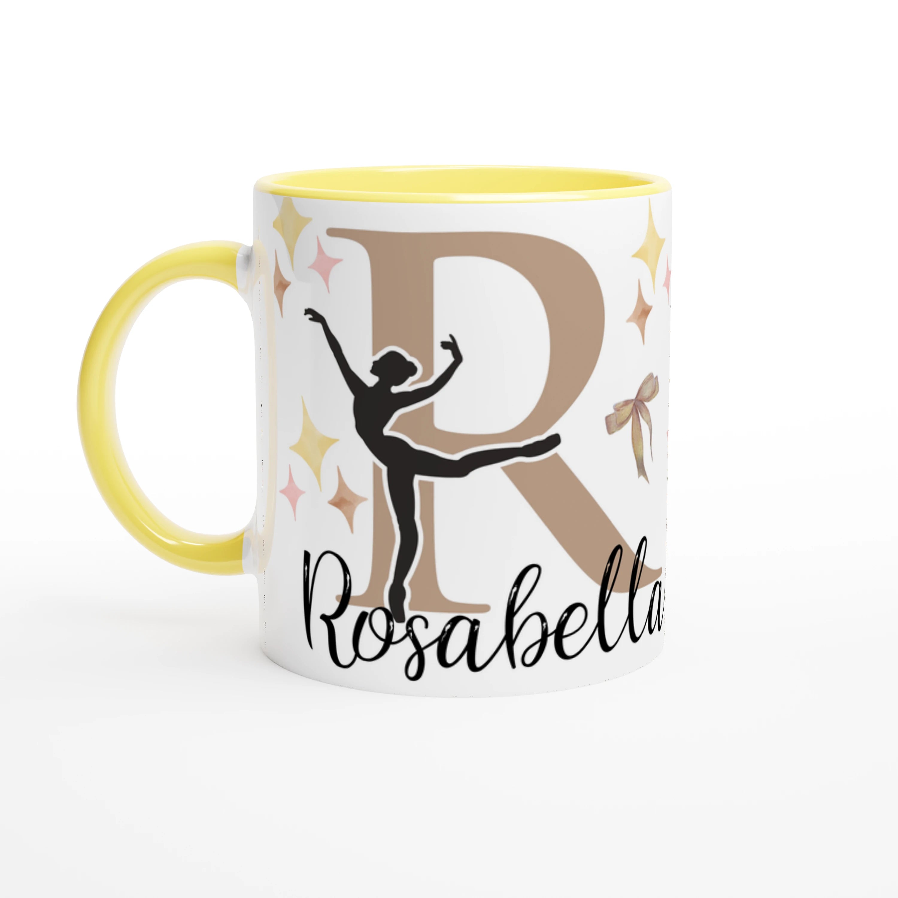 Tasse personnalisée avec prénom, ballerine et pointes de danse classique, intérieur jaune, parfaite pour un cadeau unique pour enfant.