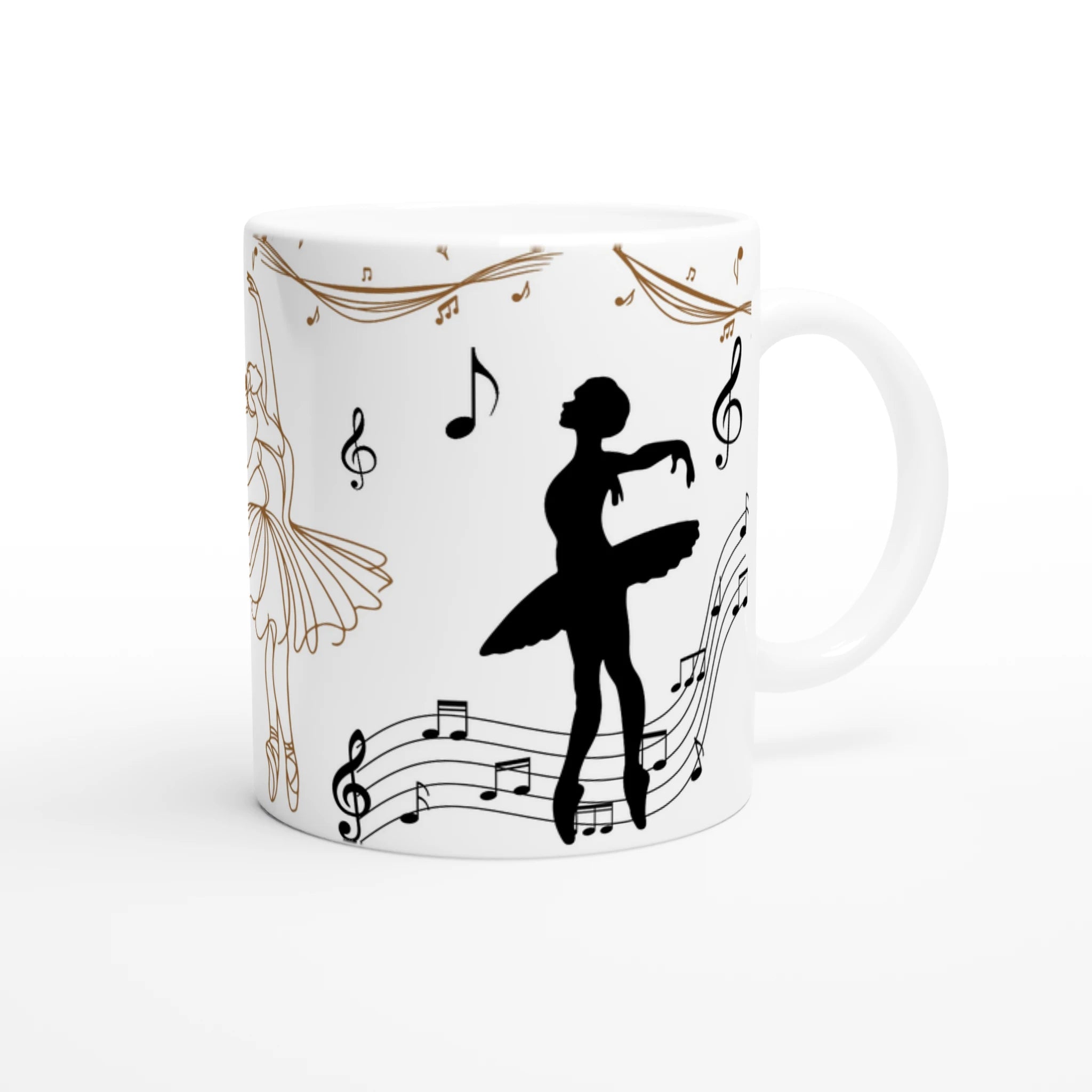 Mug à personnaliser tout blanc avec prénom, silhouette de danseuse classique et notes de musique, parfait comme cadeau élégant pour une passionnée de ballet.