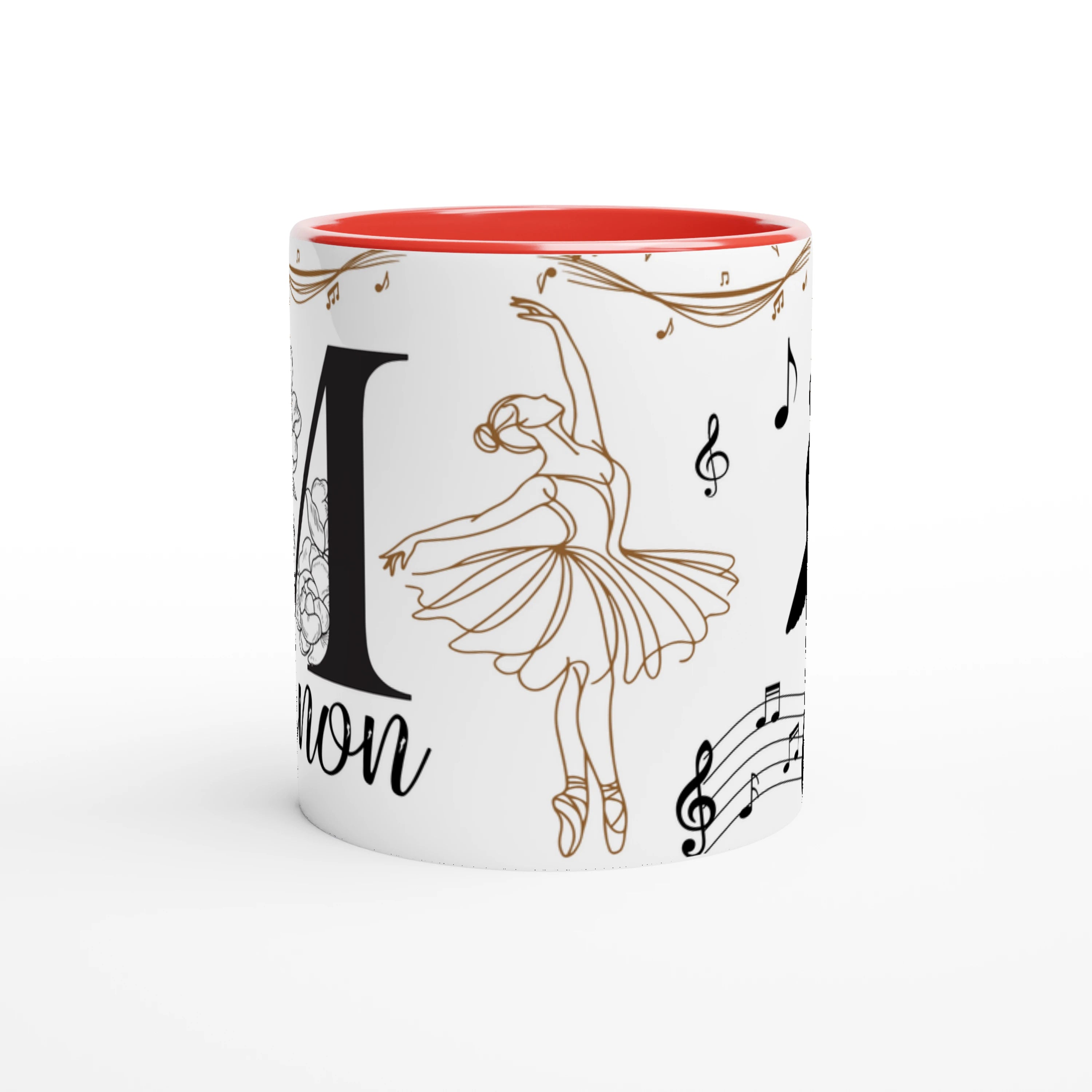 Mug personnalisable avec prénom, danseuse classique et notes de musique, intérieur rouge, parfait pour un cadeau unique pour une passionnée de ballet.