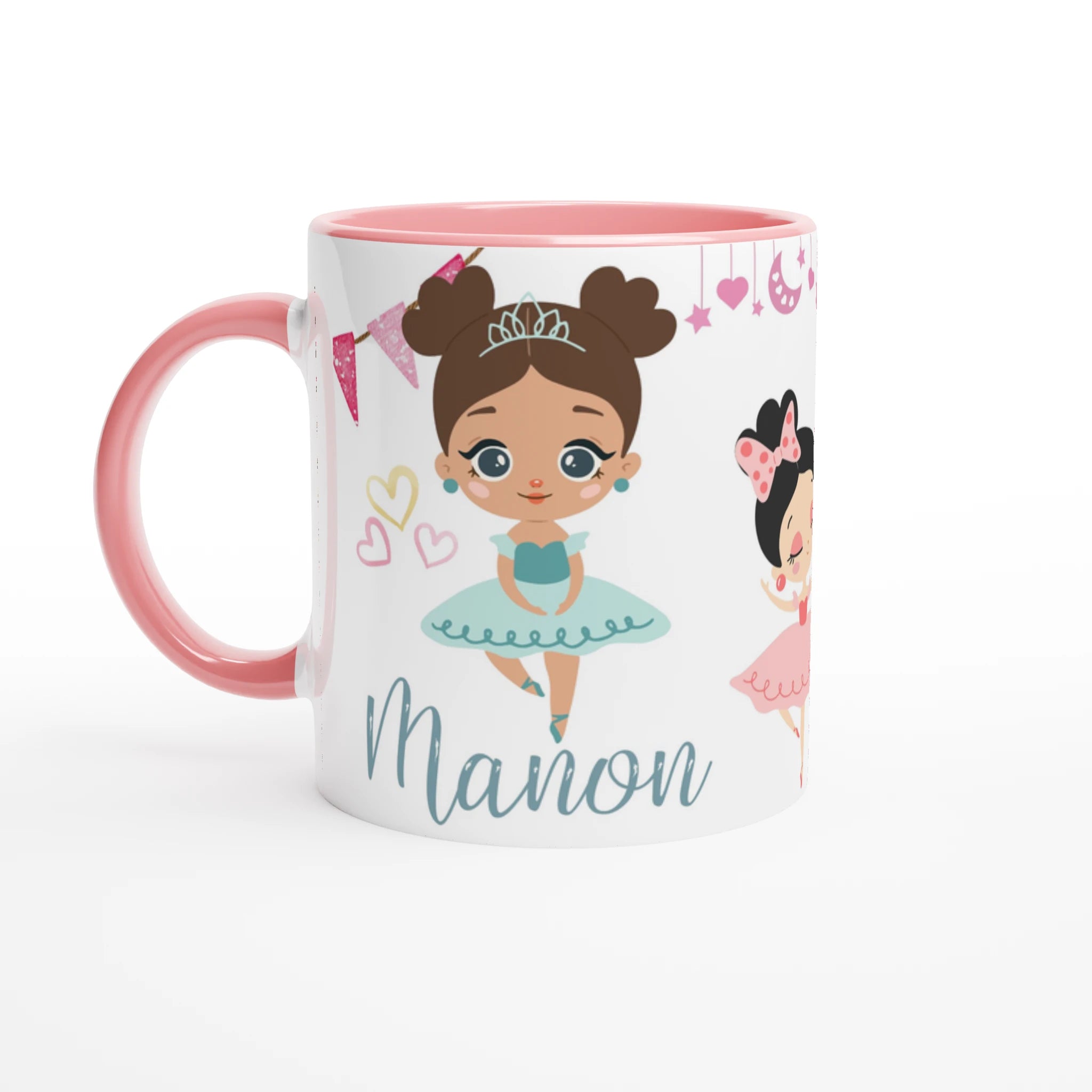 Mug personnalisable avec prénom, illustration de danseuse en robe bleue, intérieur rose, parfait pour un cadeau enfant unique.
