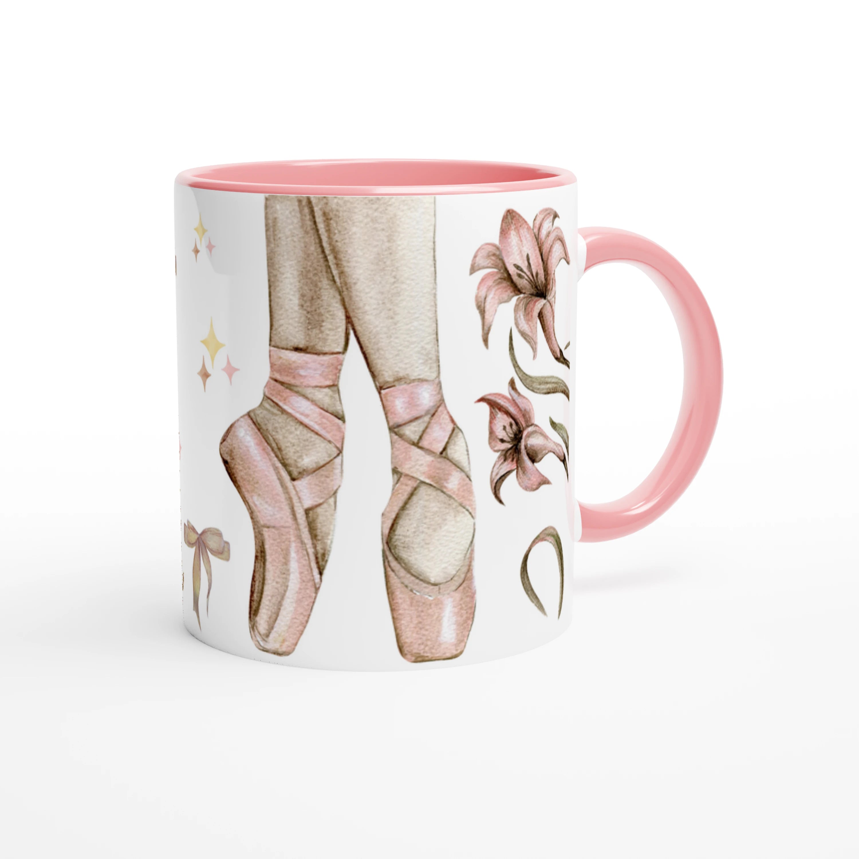 Mug personnalisable avec prénom, design de danseuse, pointes de danse et fleurs, intérieur rose, parfait pour un cadeau élégant et unique.