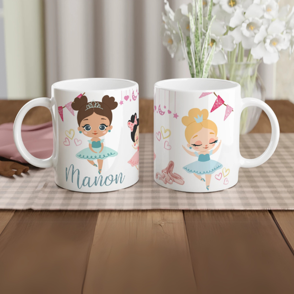 Mug personnalisé pour enfant avec prénom et illustration de danseuse ballerine, cadeau idéal pour les passionnées de danse classique.