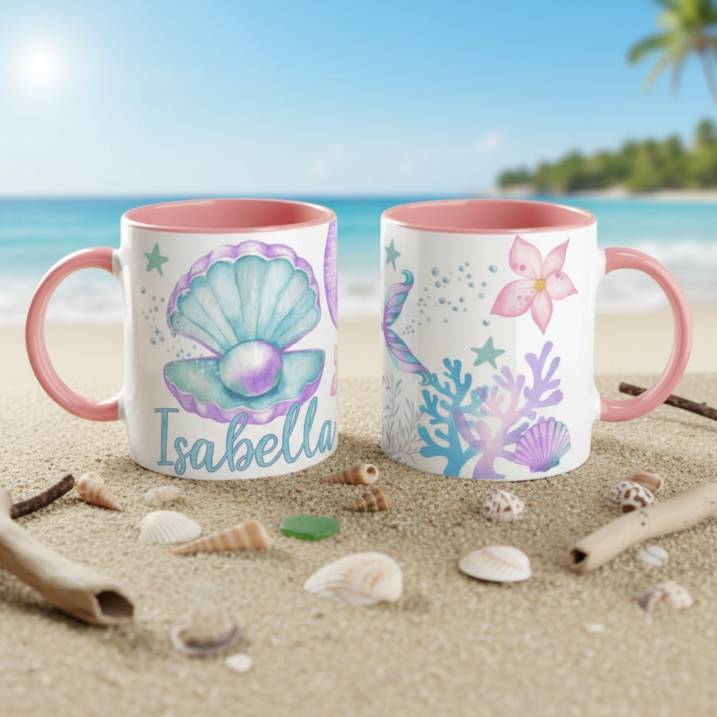 Tasse personnalisée thème plage avec illustration aquarelle océan