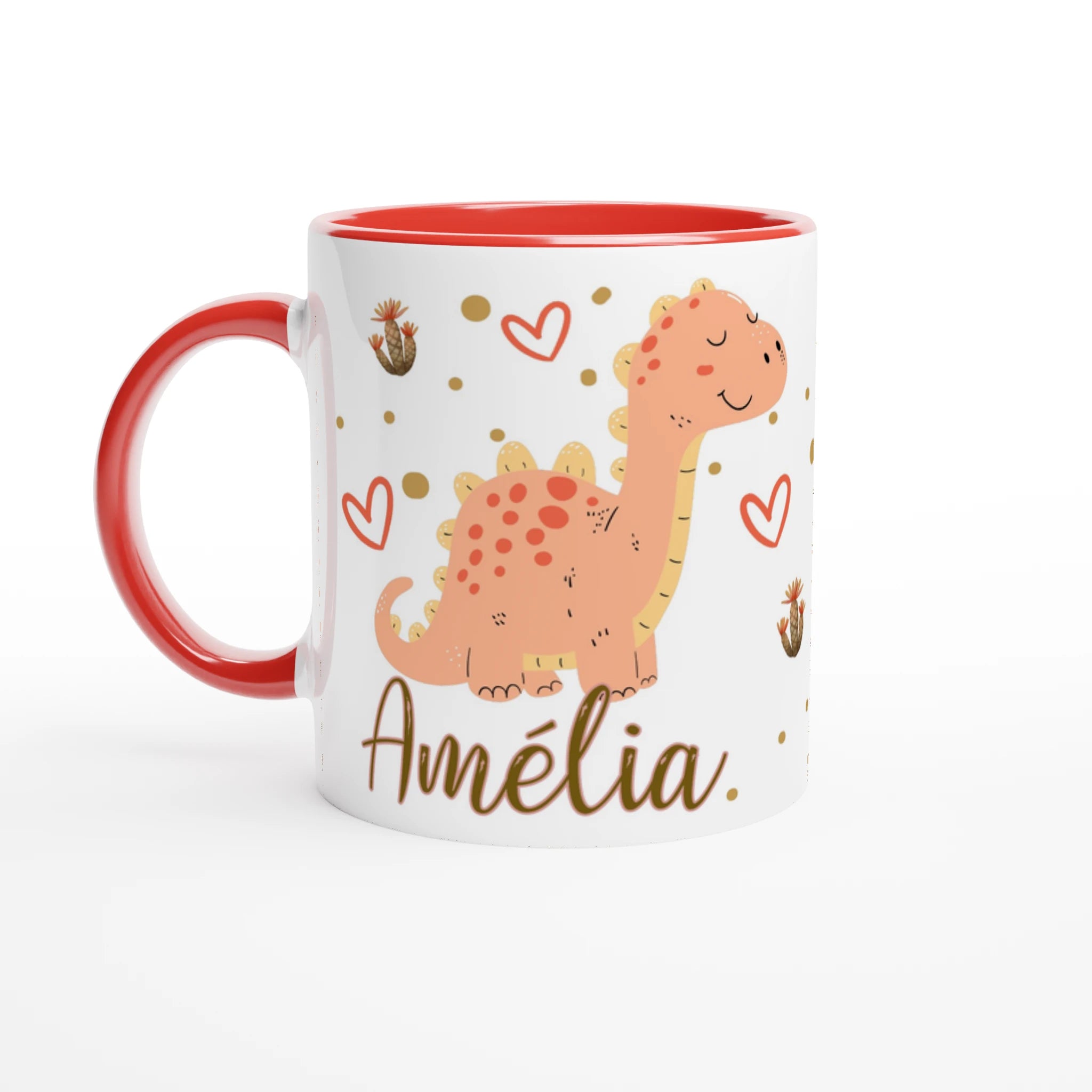 Mug dinosaure personnalisé avec prénom, intérieur rouge, design doux avec petits cœurs et cactus, parfait pour les enfants.