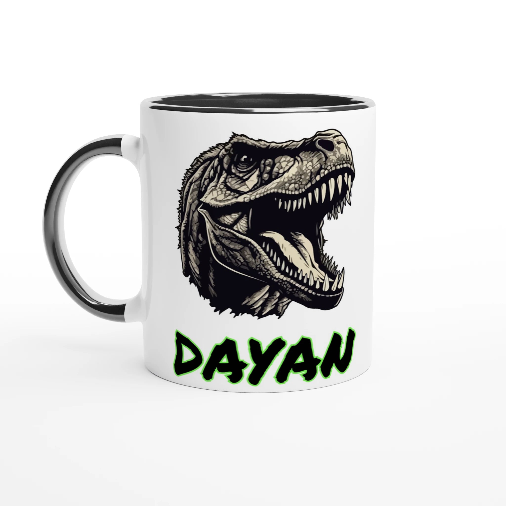 Mug personnalisé avec motif T-Rex noir et prénom, intérieur noir, parfait pour les fans de dinosaures.