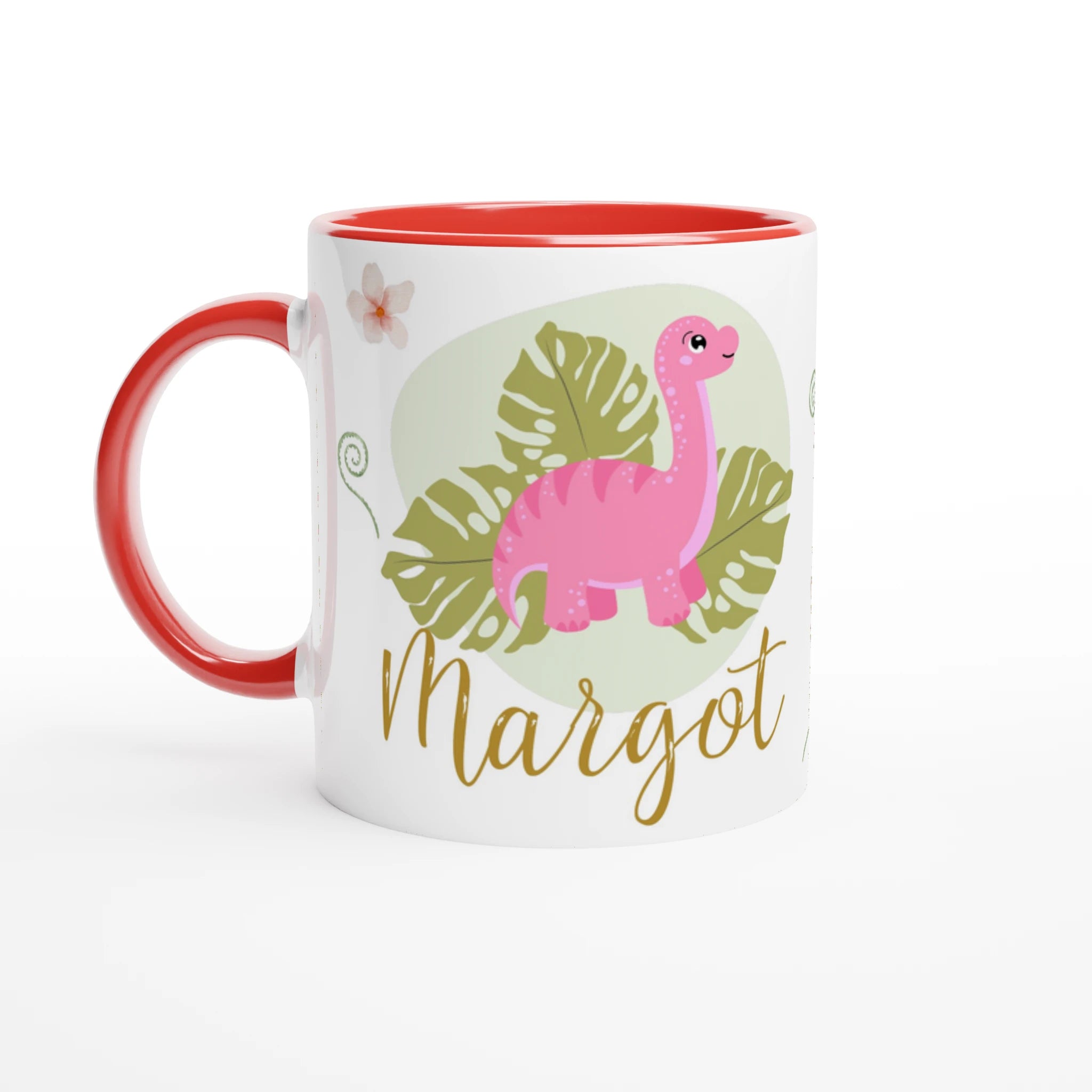 Mug personnalisé avec dinosaure rose, intérieur rouge, parfait comme cadeau original pour les fans de dinosaures.