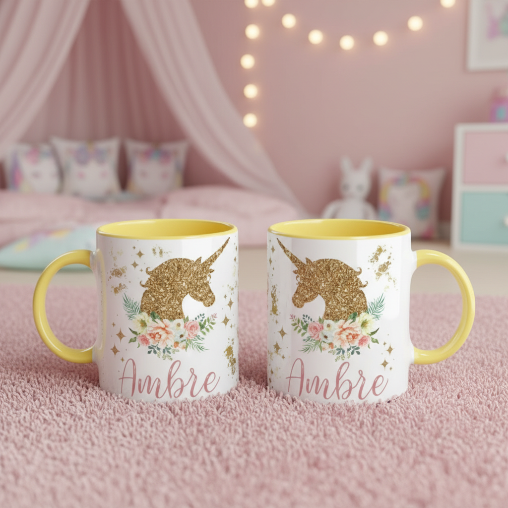 mugs enfant motif licorne avec poignée jaune et décoration florale dorée