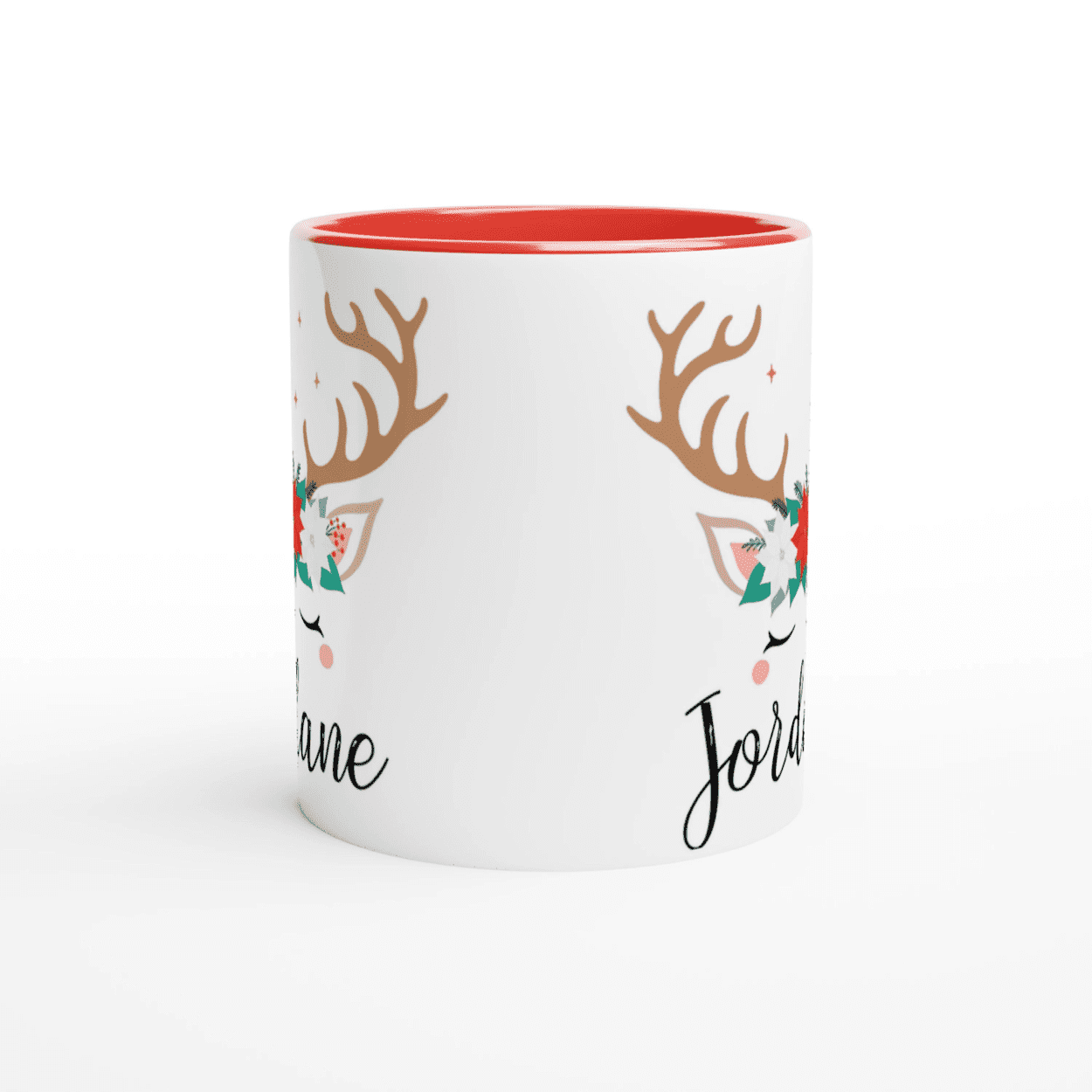 Mug blanc avec illustration de renne et couronne de fleurs de Noël, anse rouge vif et intérieur rouge