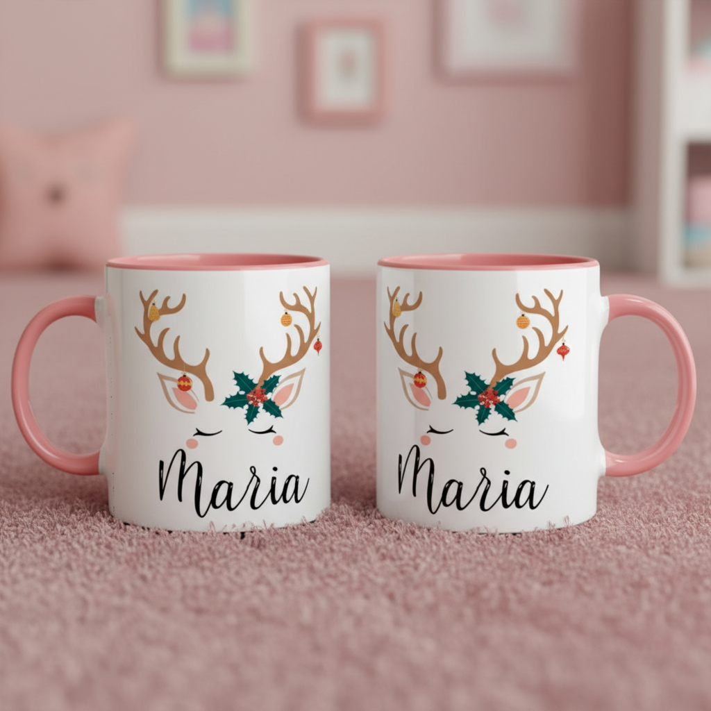 mug de Noël personnalisé avec motif renne couleur rose