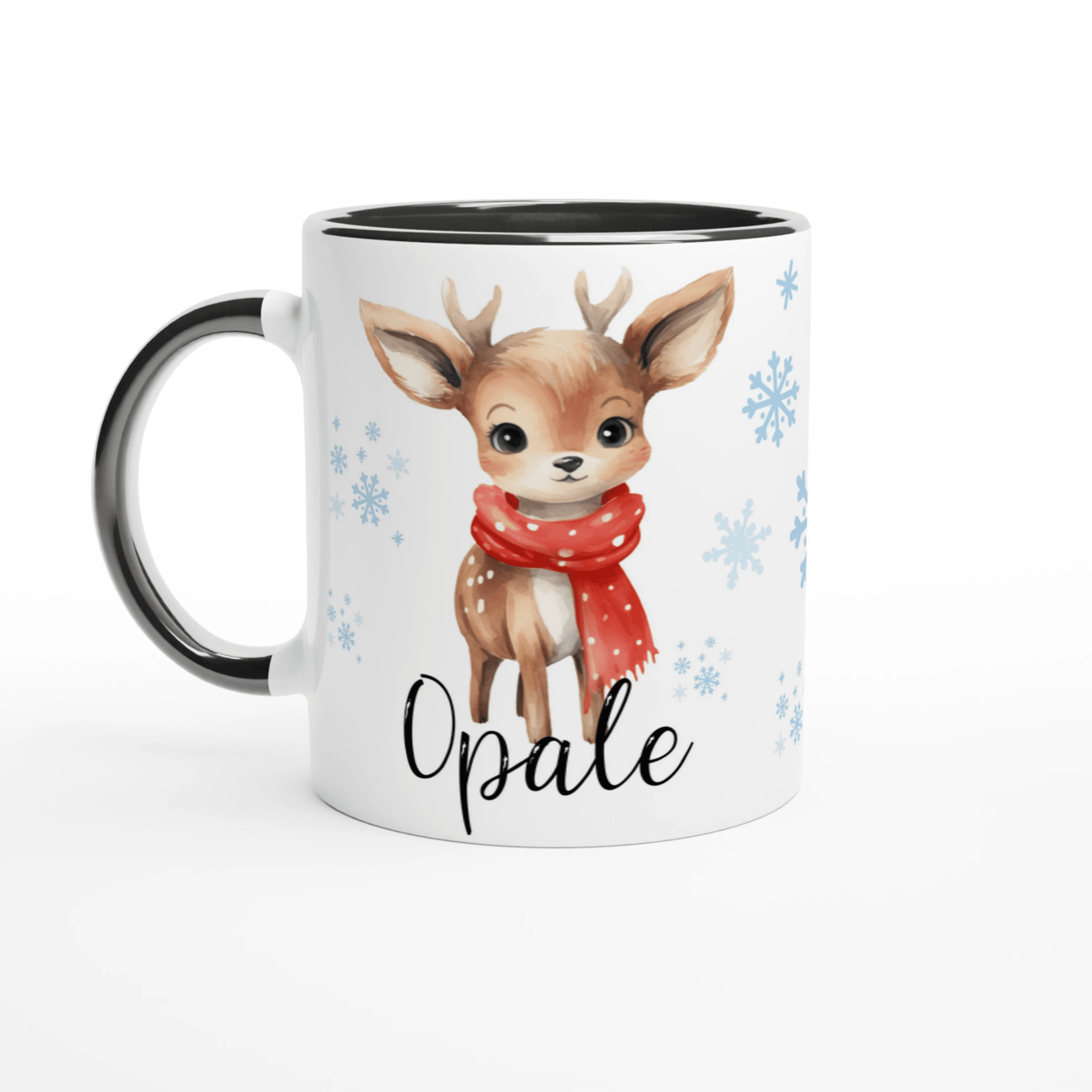 Mug personnalisé avec renne et prénom, intérieur noir, cadeau de Noël parfait pour enfants.