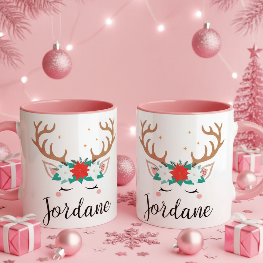 tasse personnalisée renne dans une ambiance de noël rose et festive