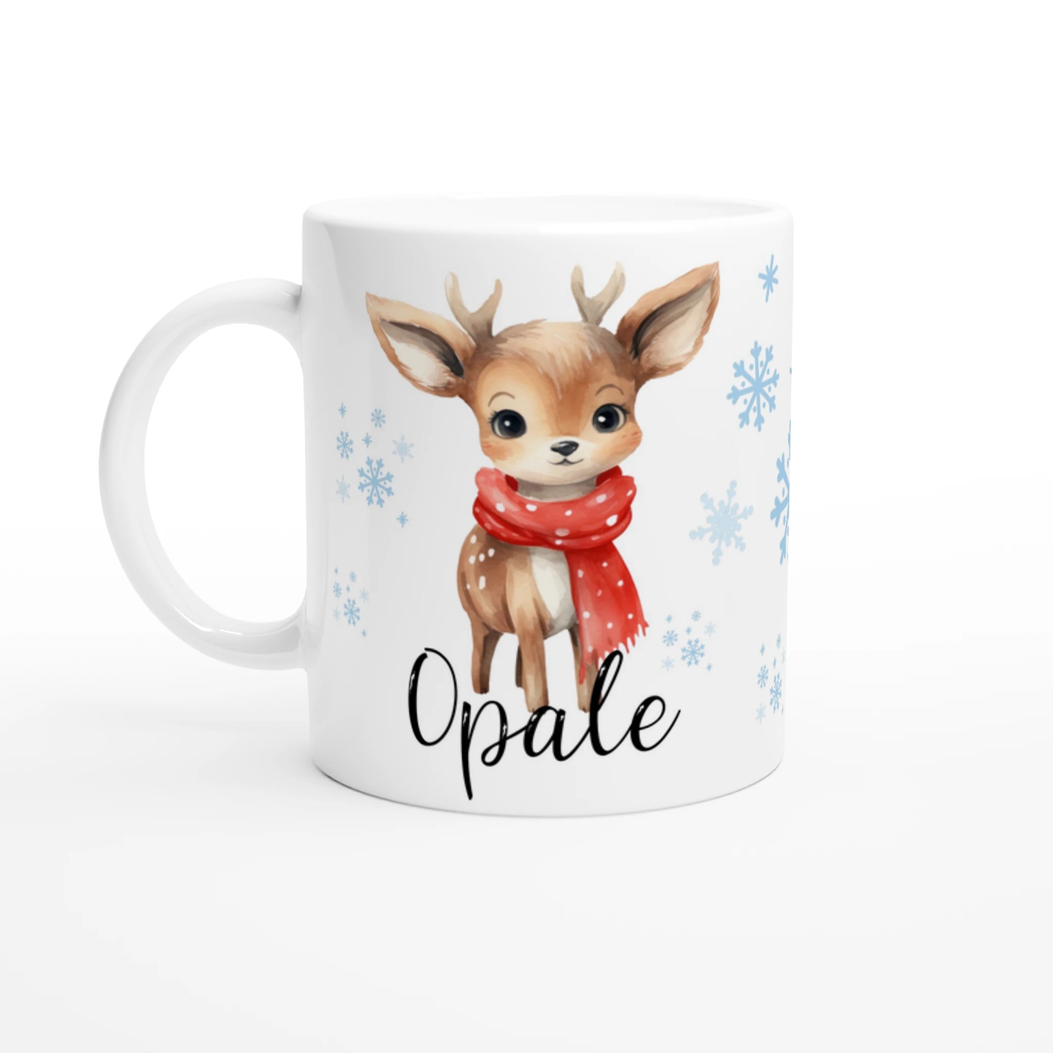 Mug personnalisé enfant avec renne et prénom, fond blanc, parfait pour Noël et l’hiver.
