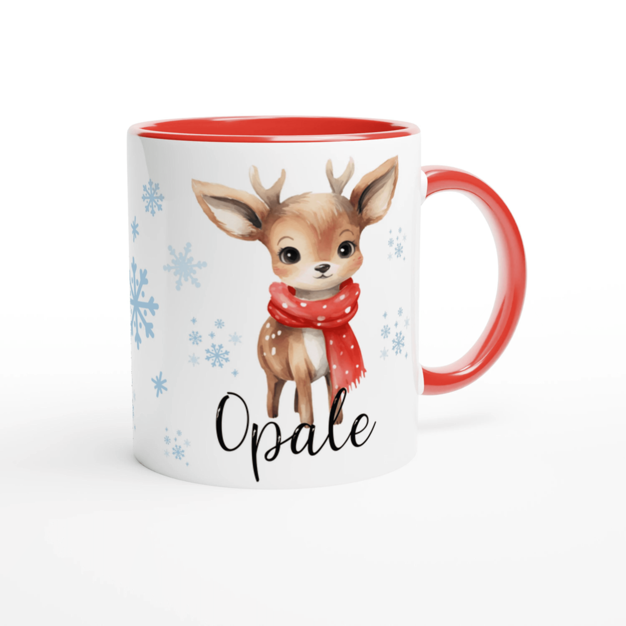 Mug prénom enfant avec renne, intérieur rouge, design hivernal idéal pour cadeau de Noël.