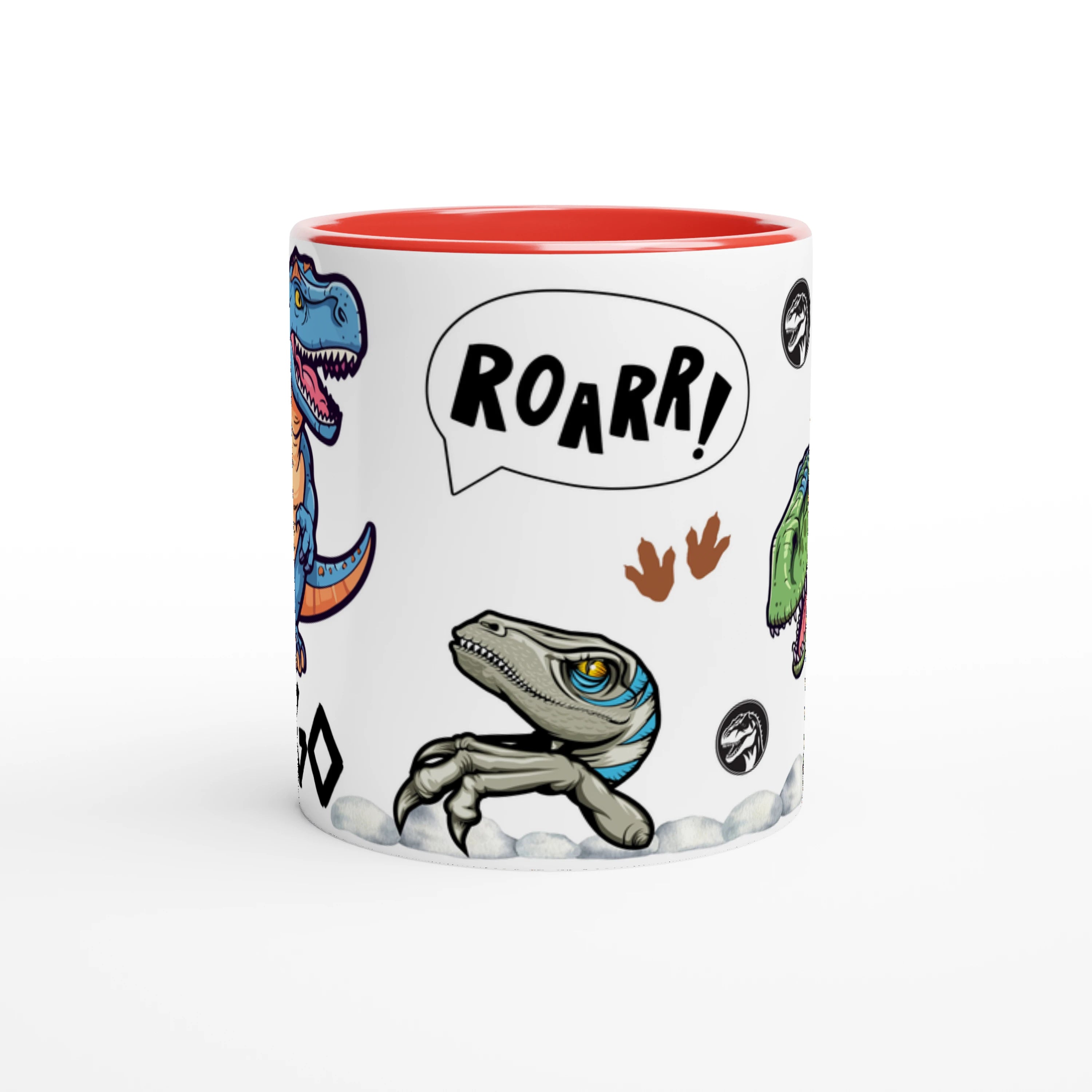 Tasse dinosaure personnalisée avec prénom, intérieur rouge, motif T-Rex amusant pour enfant.