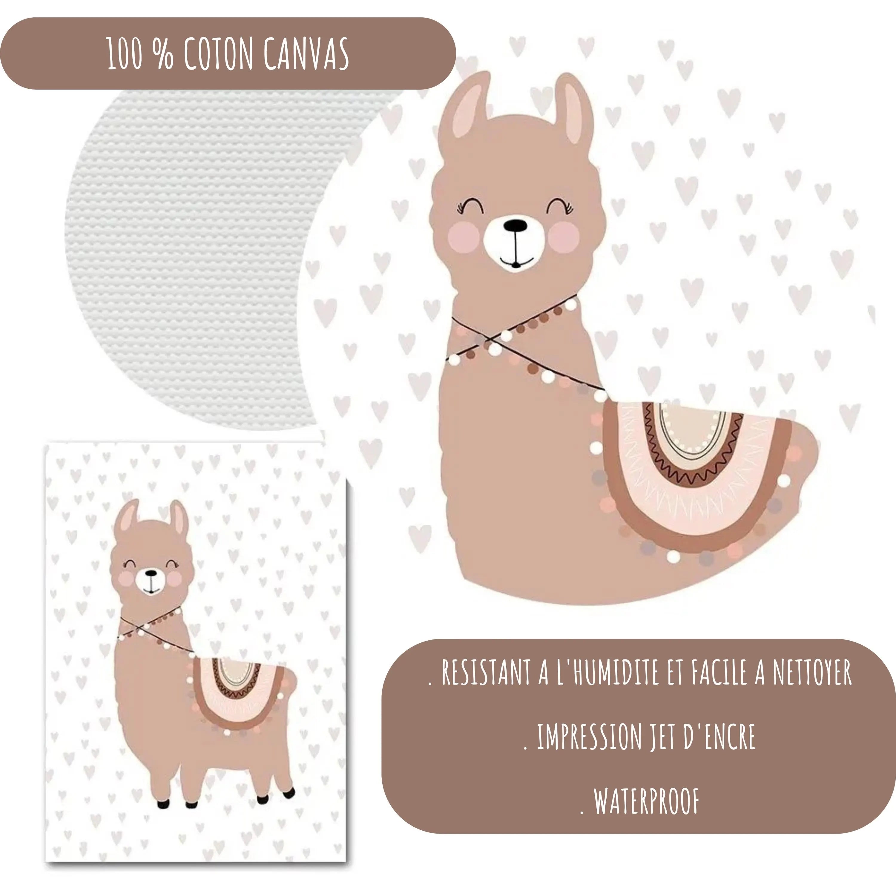 Affiche lama imprimée sur toile 100 % coton canvas, rendu texturé premium résistant à l’humidité pour chambre bébé